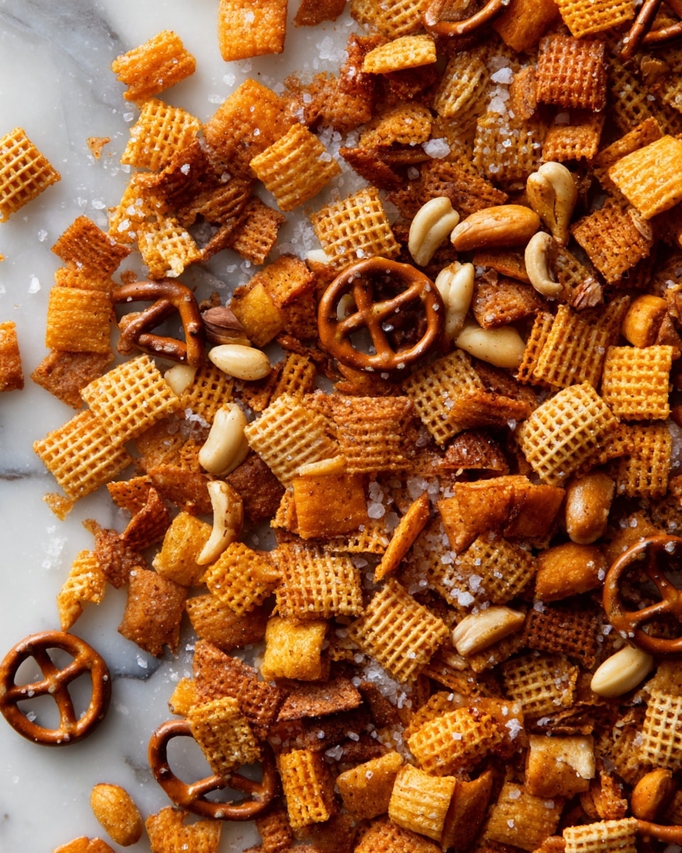 The image shows a close-up of a snack mix spread out on a white marbled surface, featuring an assortment of different shapes and textures. There are small, square, waffle-like pieces that are orange with visible salt crystals on them, mixed with tiny brown pretzels that have a smooth and shiny surface. Interspersed throughout the mix are light brown nuts and slightly thicker, ridged, rectangular crackers. The whole snack has a crunchy and seasoned look with a mixture of warm orange, brown, and golden shades. photo taken with an iphone --ar 4:5 --v 7