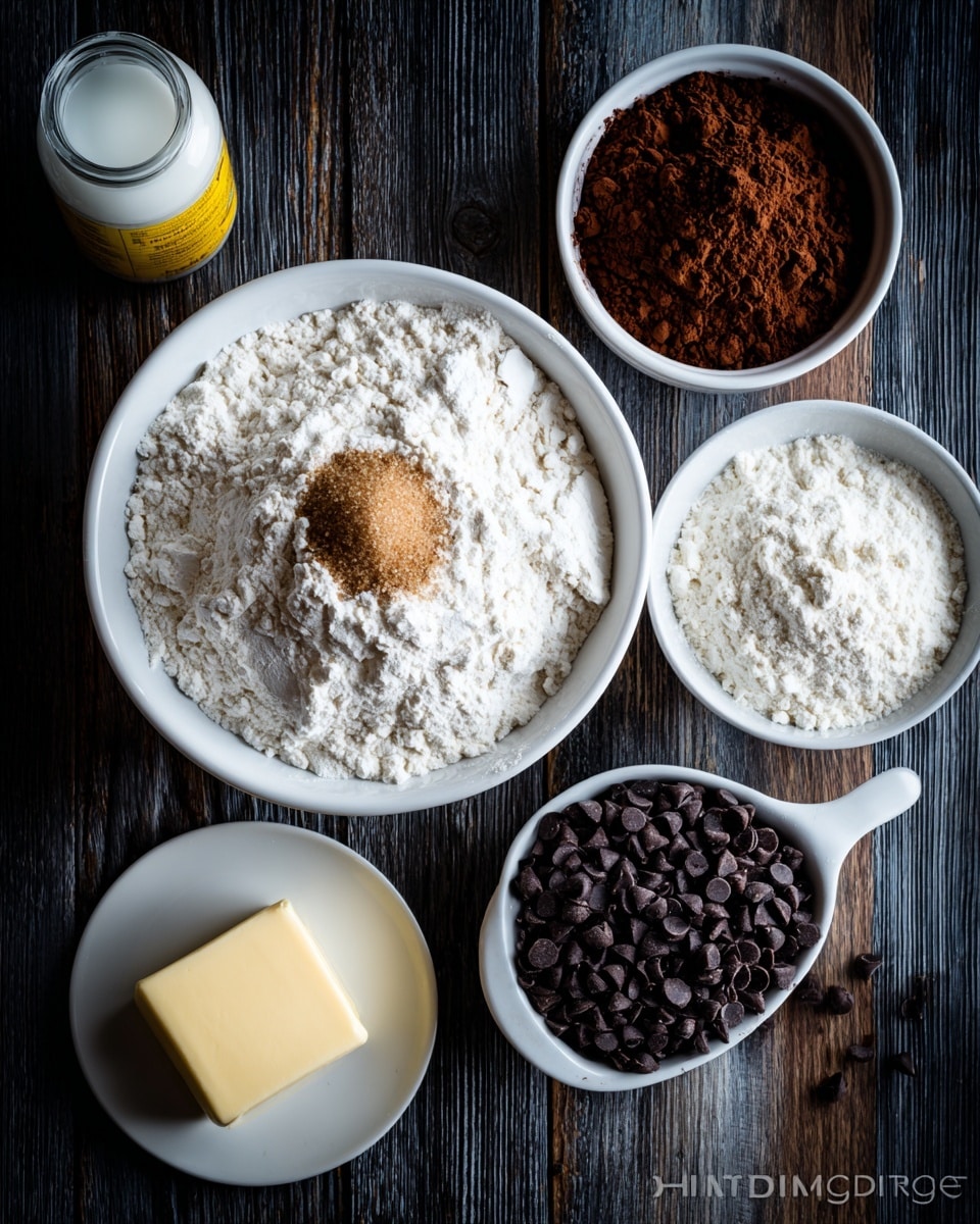 The image shows three white bowls arranged on a dark wooden surface. The largest bowl in the center contains a mound of white flour with a dome of brown sugar placed in the middle. The bowl on the upper right holds a pile of cocoa powder with a bit of clumped texture. To the right of the center bowl is a white measuring cup filled with shiny black chocolate chips. In front of the center bowl, there is a square chunk of pale yellow butter on a small white plate. At the top left, there is a bottle with a yellow label, and the bottom left corner shows the edge of a clear container holding white liquid. The surface around the bowls is dark wood, but it should be changed to white marbled texture. Photo taken with an iphone --ar 4:5 --v 7