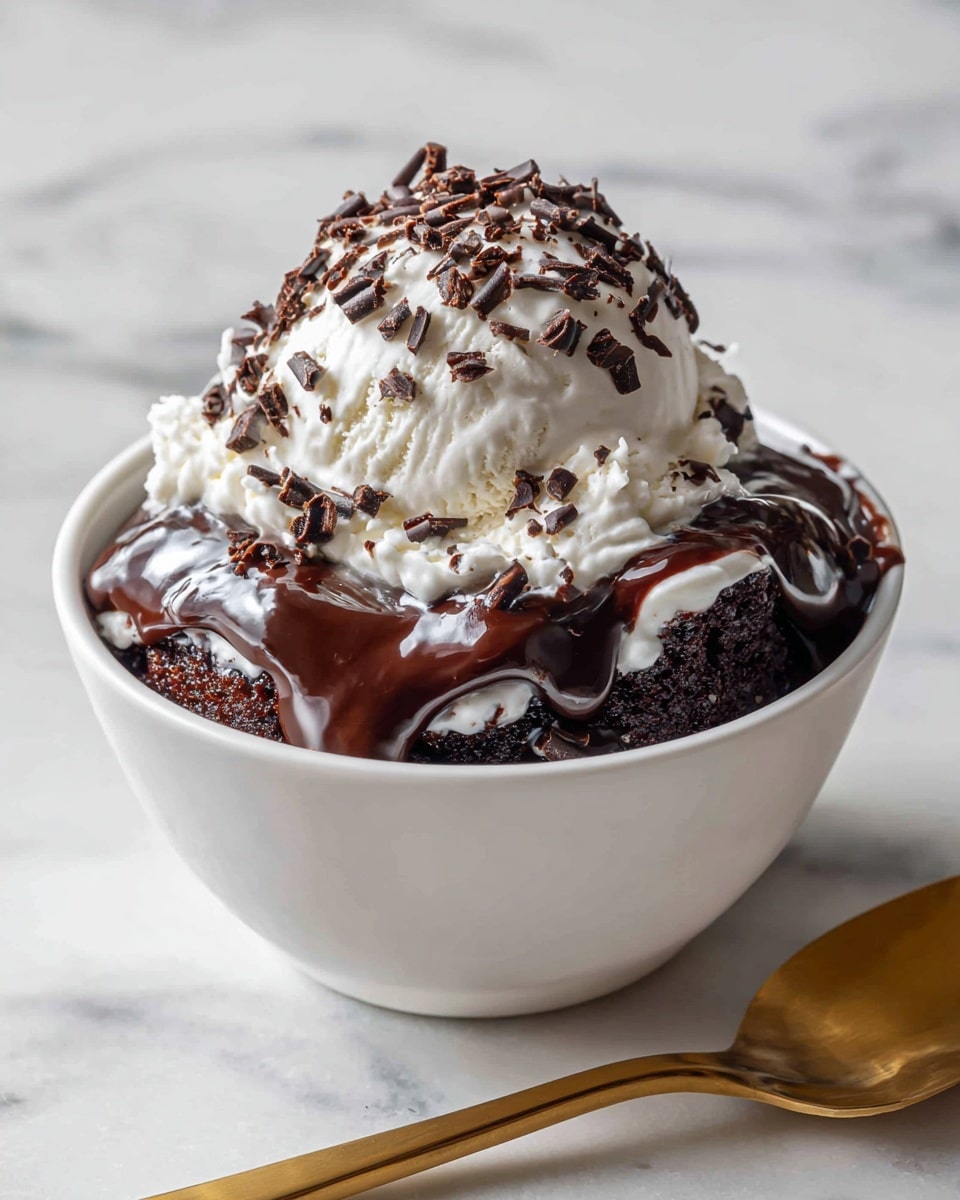 A white bowl holds a layered dessert with rich dark brown moist chocolate cake at the bottom, topped with a thick layer of glossy chocolate sauce. Above this is a large scoop of smooth, creamy white ice cream sprinkled with small dark chocolate shavings, creating a contrast on top. The bowl sits on a white marbled surface with a gold spoon placed next to it. Photo taken with an iphone --ar 4:5 --v 7