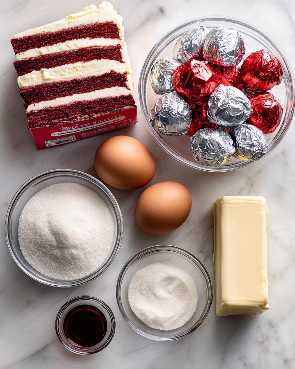 The image shows a white marbled surface with ingredients arranged neatly. At the top right is a clear glass bowl filled with silver wrapped chocolates and red foil pieces. Below the bowl are two brown eggs placed side by side. To the right of the eggs is a stick of butter wrapped in its packaging. On the left side below the bowl, there is a small clear bowl with dark liquid, likely vanilla extract. Next to it is a slightly larger clear bowl filled with white granulated sugar. At the top left corner, a red and white box of Duncan Hines Perfectly Moist Red Velvet cake mix is standing upright, showing layers of red velvet cake with white frosting on its front. The white marbled surface forms a clean background. Photo taken with an iphone --ar 4:5 --v 7