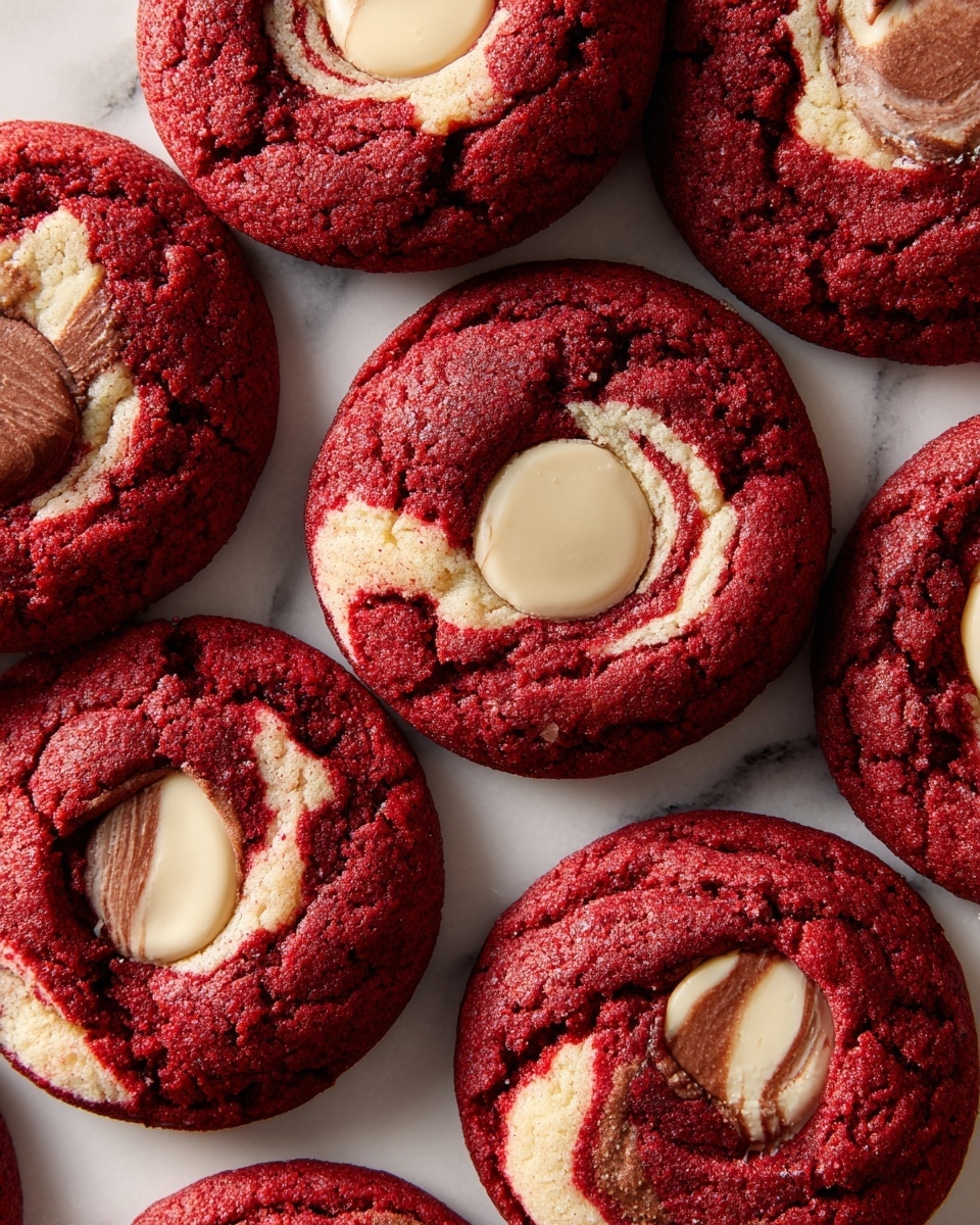 The image shows several red velvet cookies arranged closely on a white marbled surface. Each cookie has a deep red color and a slightly cracked texture on top. In the center of each cookie, there is a swirl-shaped white and brown chocolate candy slightly melted and pressed into the dough. The cookies appear soft and thick, with a rich, soft texture visible around the chocolate candies. The overall scene has warm tones and looks freshly baked. Photo taken with an iphone --ar 4:5 --v 7