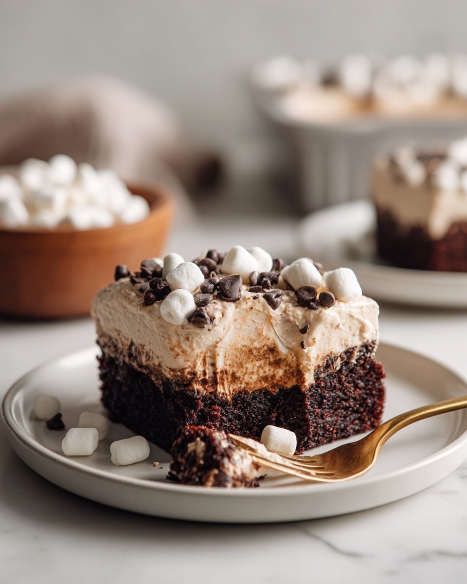 The image shows one square piece of chocolate cake on a white round plate placed on a white marbled surface. The cake has two main layers: the bottom layer is dark brown and moist chocolate cake, while the top layer is a thick light beige frosting covered with small white mini marshmallows and scattered dark chocolate chips. A small piece of cake is lifted on a gold fork near the plate, with a woman's hand holding the fork. In the background, a wooden bowl filled with mini marshmallows and a piece of chocolate cake are slightly blurred. Photo taken with an iphone --ar 4:5 --v 7