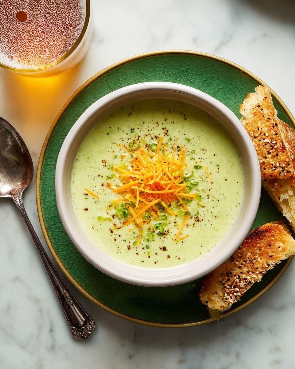 A creamy soup with a thick yellowish-orange base filled with small green broccoli florets and thin orange carrot strips, visible throughout the soup. The soup is being stirred by a wooden spoon with a smooth light wood texture, resting diagonally from the top right toward the center. The soup has a rich and smooth texture with small vegetable pieces mixed evenly across the surface. The pot holding the soup has a shiny metal rim and a reflective inner surface. The background is a white marbled texture. photo taken with an iphone --ar 4:5 --v 7