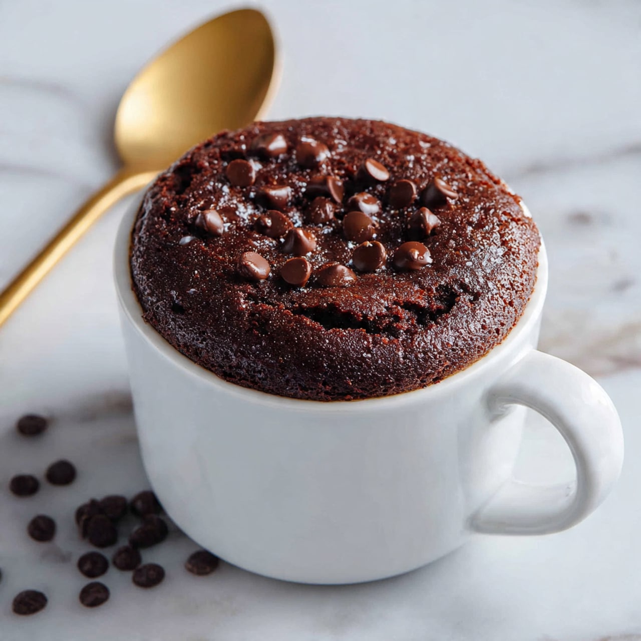 The image shows a white cup filled with a chocolate cake that has risen just above the rim. The top layer is dark brown with a soft, spongy texture and is dotted with melted chocolate chips that are slightly shiny. The cup is placed on a white marbled surface, near a gold spoon and some scattered chocolate chips. The scene is bright and clean, focusing on the rich dessert inside the simple cup. photo taken with an iphone --ar 4:5 --v 7
