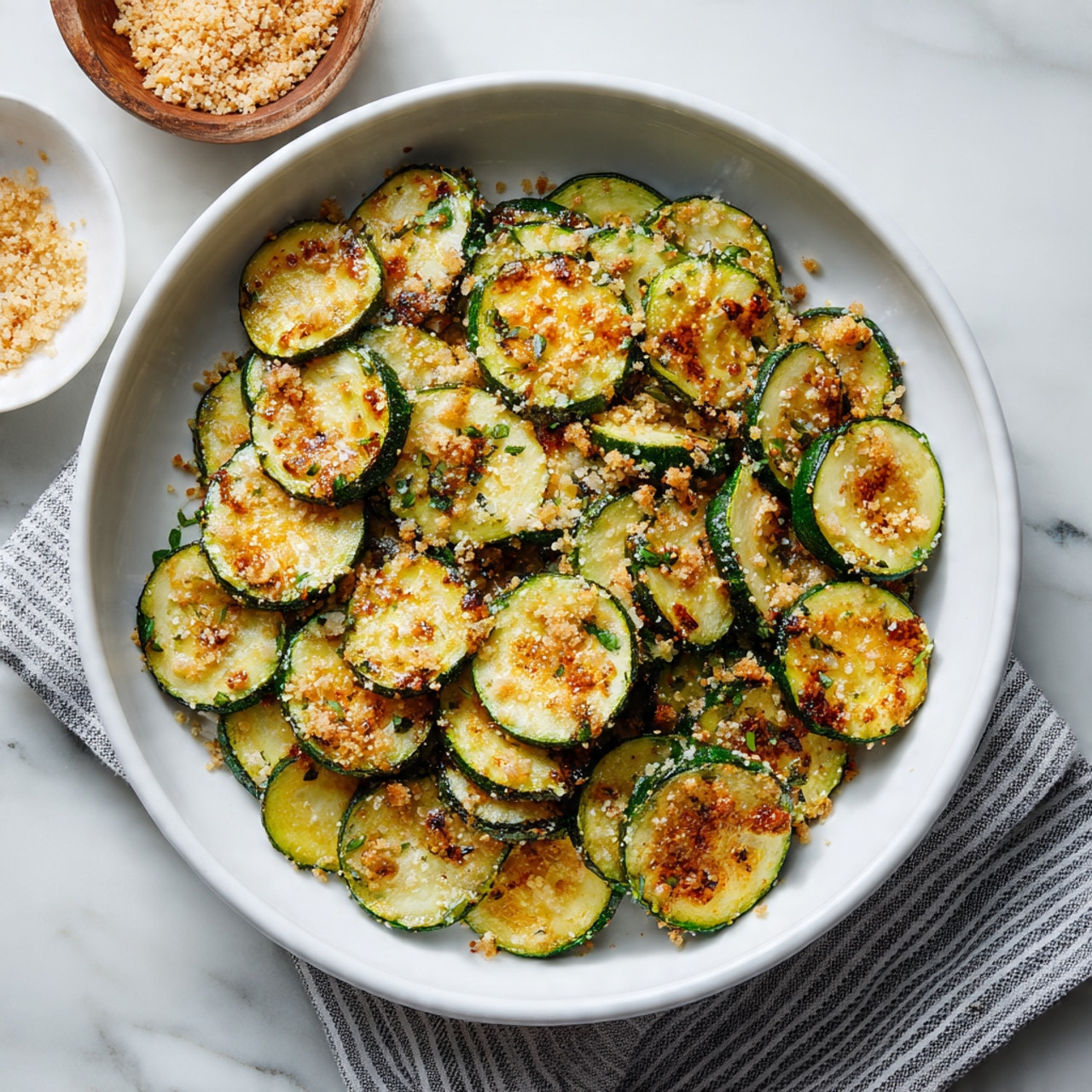 A white round bowl filled with many slices of cooked zucchini arranged tightly in a single layer. The zucchini slices are green on the edges with golden brown, slightly charred spots on the top, showing a cooked texture. The dish is topped with small bits of light brown crumbs scattered evenly on top, adding texture. The bowl is placed on a white marbled surface with a gray and white striped cloth partially visible on one side and a small bowl of sesame seeds above it. photo taken with an iphone --ar 4:5 --v 7