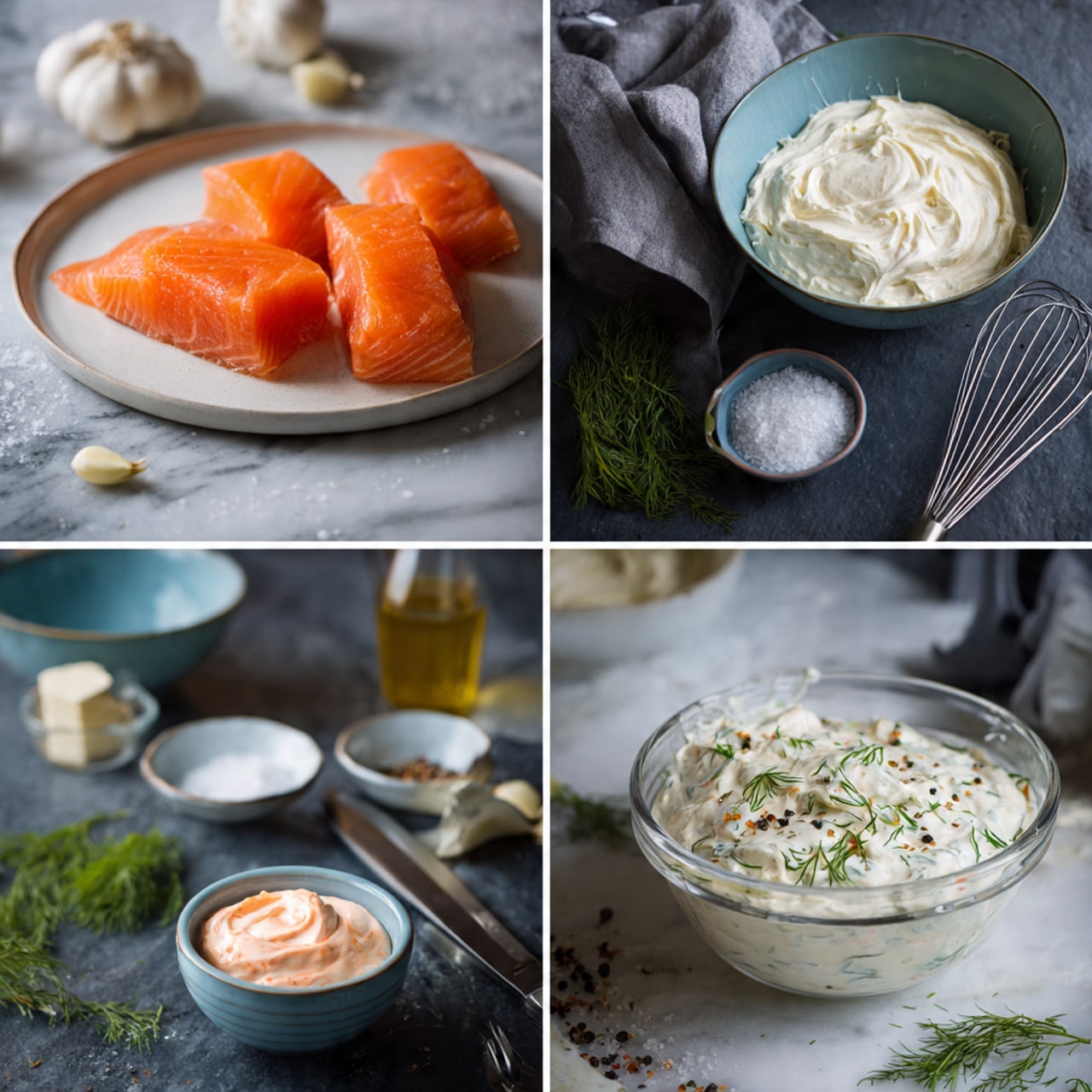 The image shows multiple steps of preparing a creamy salmon spread. The top left section displays three bright orange salmon pieces on a white plate with small bowls of chopped garlic and coarse salt nearby. On the top right, a bowl of thick, creamy mixture sits on a dark slate surface with a whisk and a gray cloth beside it. The center close-up shows the finished salmon spread in a clear glass bowl, creamy and light orange with green dill sprigs on top, speckled with black pepper. The bottom left has two bowls—one with a white creamy mixture and the other with a pinkish creamy mixture—placed beside knives and a gray cloth on a white marbled surface. The bottom right shows the salmon spread with green herbs mixed in, inside a food processor surrounded by small bowls of salt, dill, mustard, and oil on the same white marbled surface. photo taken with an iphone --ar 4:5 --v 7