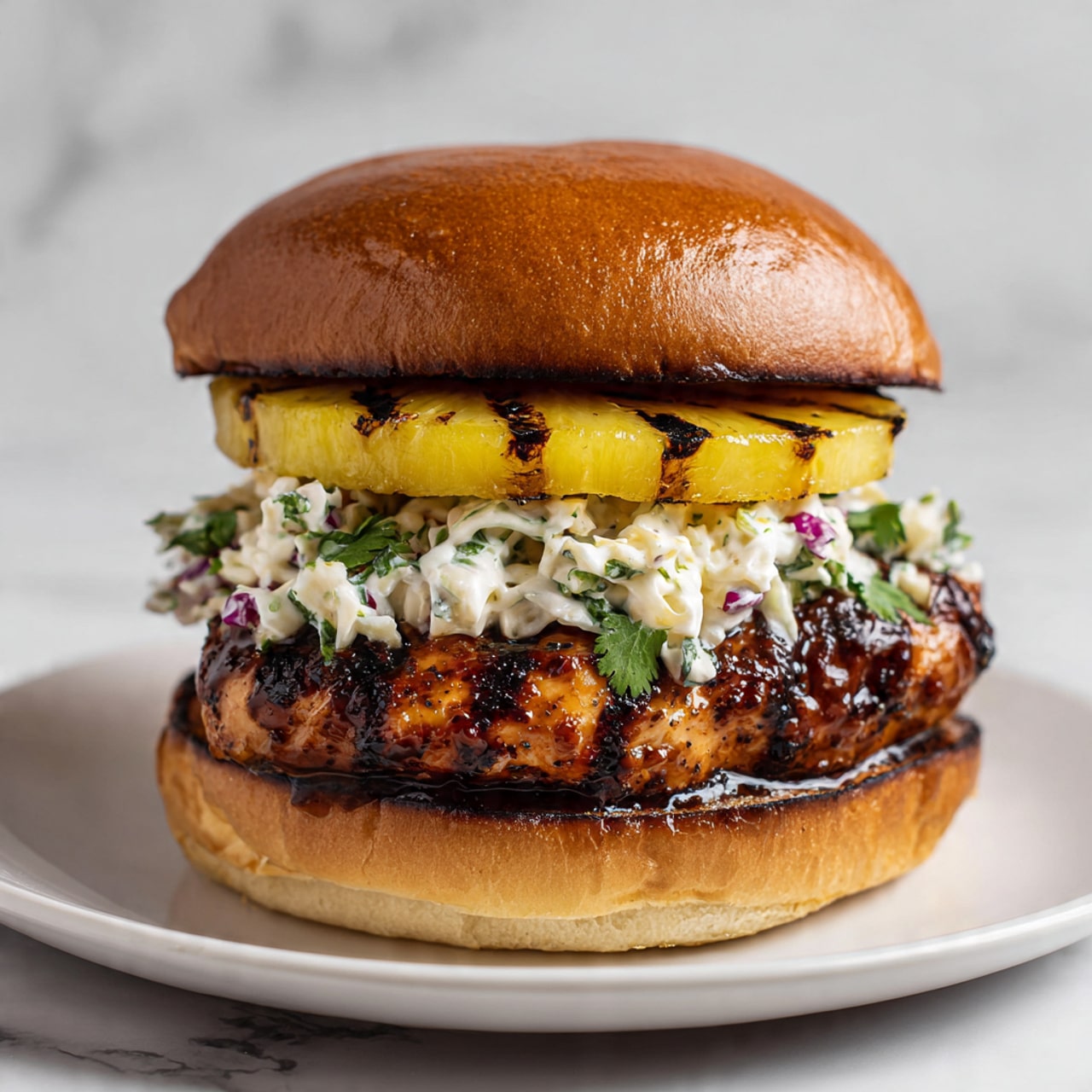 A tall burger on a soft, shiny bun with a glossy top layer. The bottom bun holds a thick, grilled chicken patty with dark grill marks and a shiny glaze. On top of the chicken is a bright yellow pineapple ring with grill lines. Above the pineapple, there is a layer of creamy, white and purple coleslaw mixed with some green cilantro leaves. The top bun presses gently down onto the coleslaw. The whole burger sits on a white plate against a white marbled surface. photo taken with an iphone --ar 4:5 --v 7
