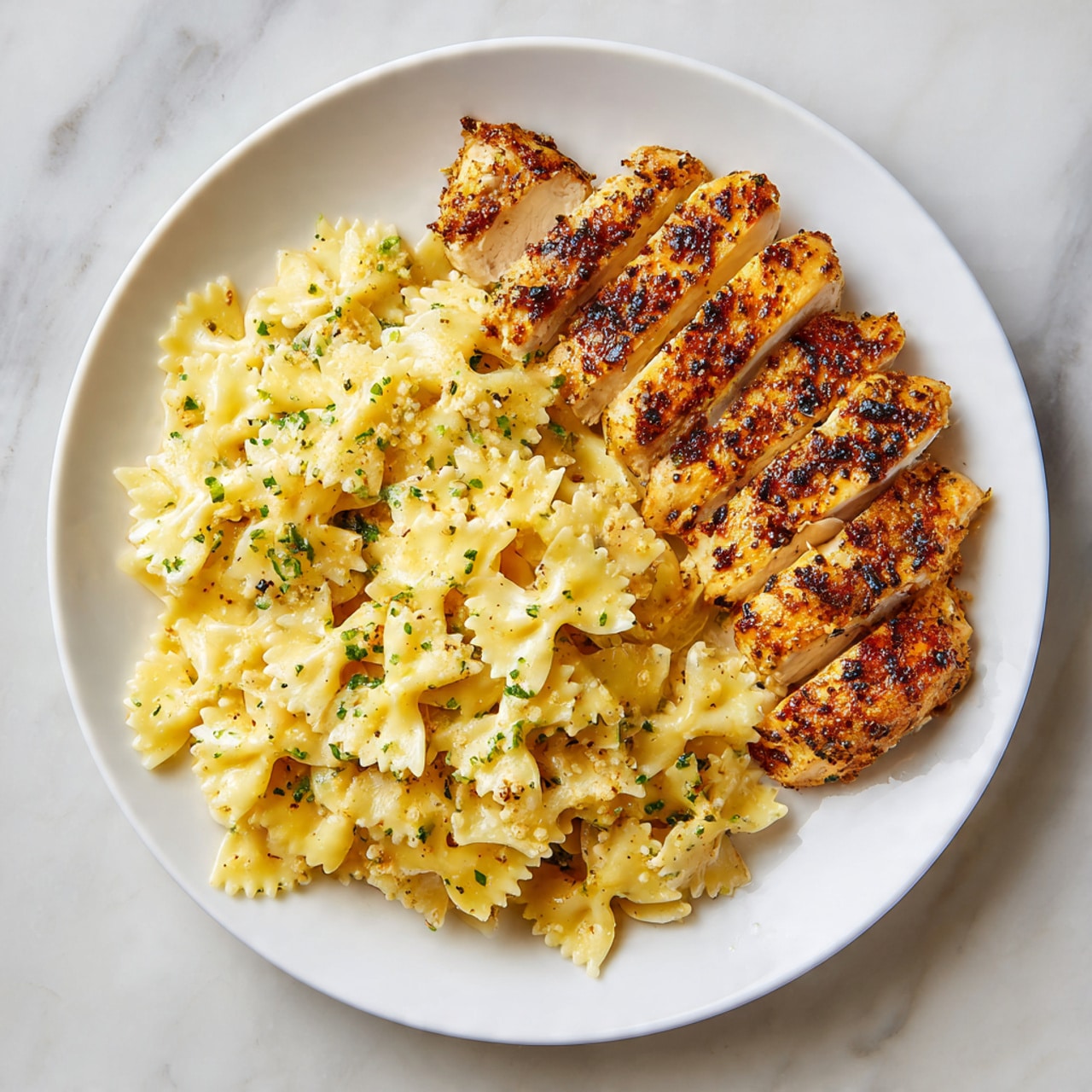 A white plate holds two main layers: on the left, a large pile of creamy farfalle pasta colored pale yellow with a smooth, cheesy texture, speckled lightly with green herbs; on the right, a row of golden brown grilled chicken slices with a crispy, slightly charred surface and visible seasoning, arranged neatly from thick to thinner pieces. The plate is set on a white marbled surface. Photo taken with an iphone --ar 4:5 --v 7
