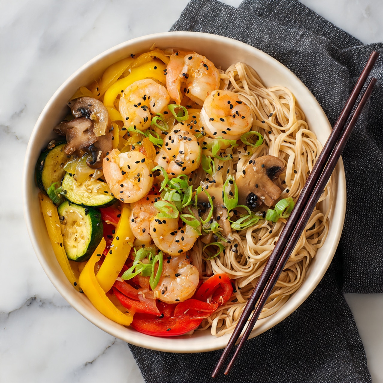 A white bowl filled with a colorful noodle dish is shown on a white marbled surface with a dark cloth nearby. The first layer is light tan flat noodles, sitting loosely in the bowl. Scattered on top are several light pink shrimp with a subtle shine. Mixed throughout are slices of yellow and green zucchini, red bell pepper pieces, sautéed light brown mushrooms, and small orange carrot bits. Thin slices of golden-brown garlic are placed over the dish, along with scattered black sesame seeds and chopped green onions for garnish. A pair of dark wooden chopsticks rests on the noodles at one side. The dish looks fresh and vibrant, balanced in color and texture. photo taken with an iphone --ar 4:5 --v 7