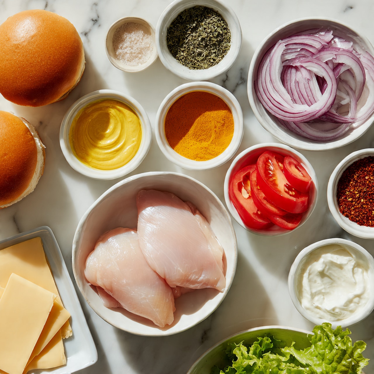 The image shows ingredients for a fresh chicken sandwich laid out on a white marbled surface. In the center, there is a white bowl with two raw, pale pink chicken pieces. Around it are several white bowls containing bright yellow mustard, orange sauce, white yogurt sauce, red spice, green herb, and a creamy white spread. There are fresh vegetables including thinly sliced red onion rings, two red tomato slices, and a small pile of green lettuce leaves. Two golden-brown sandwich buns are placed on the left side, and four square slices of pale yellow cheese are stacked neatly below the chicken. A woman's hand is holding one of the onion slices. Photo taken with an iphone --ar 4:5 --v 7