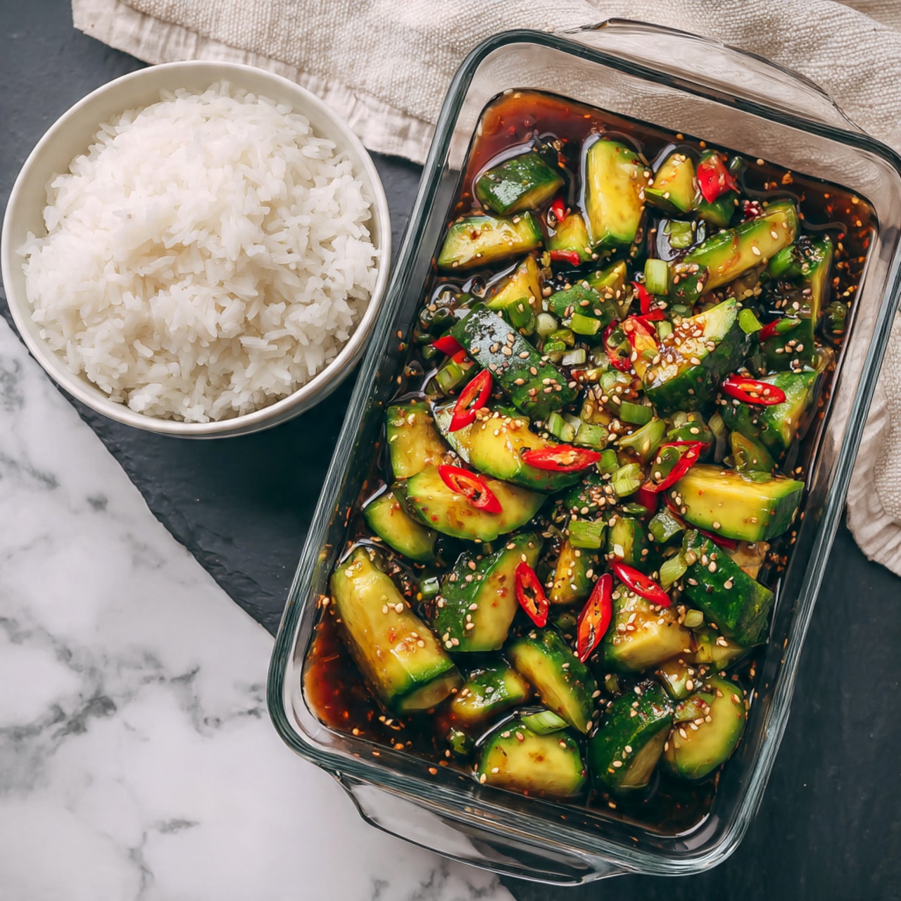 A clear glass rectangular dish filled with a colorful mixture of thick avocado pieces in green and light yellow shades, light green cucumber chunks, small slices of bright red chili peppers, and bits of green onion, all covered in a dark soy-based sauce with visible sesame seeds scattered throughout. Next to it is a white bowl filled with plain white rice. The dish and bowl are sitting on a dark surface next to a white marbled background with a cream cloth nearby. Photo taken with an iphone --ar 4:5 --v 7