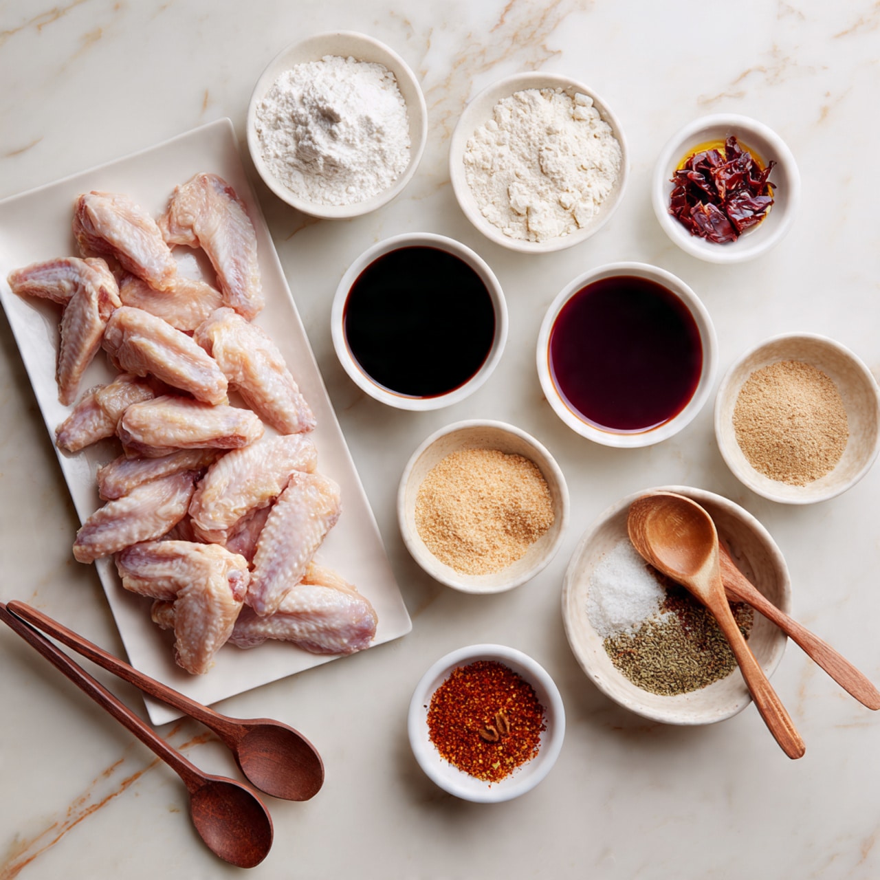 The image shows a white marbled surface with a rectangular white plate on the left side filled with raw, pale pink chicken wings arranged neatly. Around the plate are small white bowls each holding different ingredients: one with white flour, one with dark red sauce, one with a light beige powder, one with light brown flakes, one with a dark liquid, one with light brown grainy powder, and one with a reddish spice. There is also a small white bowl containing various spices in red, brown, and beige colors. Wooden spoons are placed near several bowls, adding a rustic touch. Photo taken with an iphone --ar 4:5 --v 7