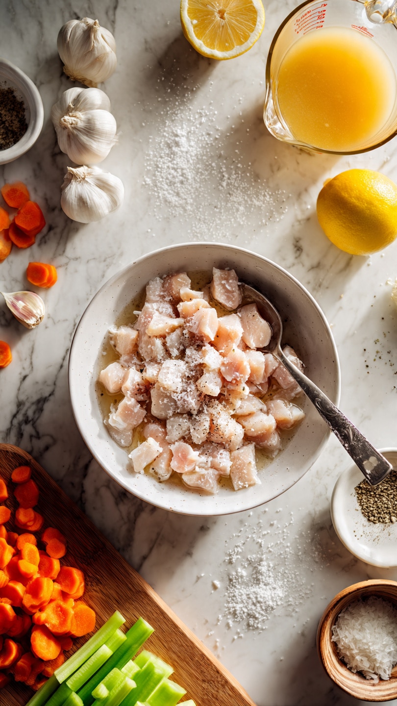 A white bowl filled with small chunks of raw chicken sprinkled with a white powder and black pepper, with a metal spoon inside. Around the bowl on a white marbled surface, there are several ingredients: bright orange carrot slices and chopped green celery on a wooden cutting board, a whole lemon and half a lemon, a glass measuring cup with yellow broth, a few garlic bulbs, a small white bowl with chopped garlic, a small white bowl with salt, and a small white bowl with dry orzo pasta. Photo taken with an iphone --ar 4:5 --v 7