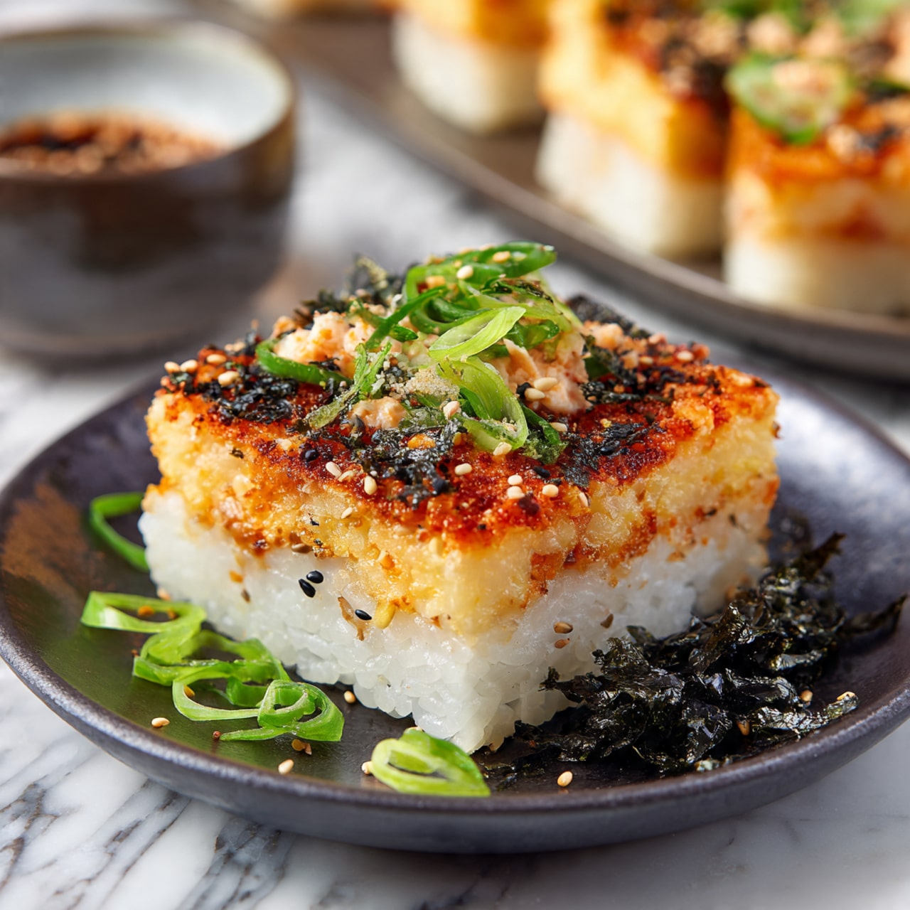 A square piece of sushi sits on a dark plate, showing three clear layers: a white rice base, a golden crispy middle layer, and a creamy orange topping mixed with small bits of fish. The top is sprinkled with black sesame seeds and thin slices of bright green onion, while some green onion pieces and dark seaweed strips are arranged around the sushi on the plate. The plate rests on a white marbled surface, and a blurry background shows more sushi pieces and a small bowl. photo taken with an iphone --ar 4:5 --v 7