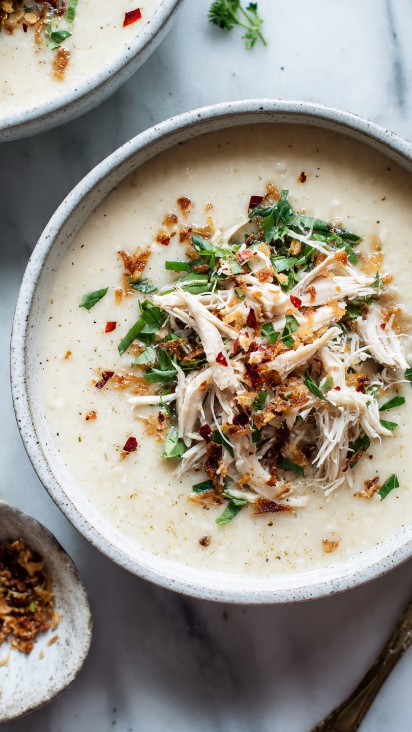 The image shows a bowl of creamy porridge topped with shredded white chicken pieces placed neatly in the center. On top of the chicken, there is a sprinkle of crispy fried garlic or onions, bright green chopped herbs, and a small amount of red chili flakes adding a pop of color. The bowl is white and sits on a white marbled surface with a small portion of the same dish visible in another white bowl nearby. The textures range from smooth and soft porridge to crispy topping and tender chicken. Photo taken with an iphone --ar 4:5 --v 7