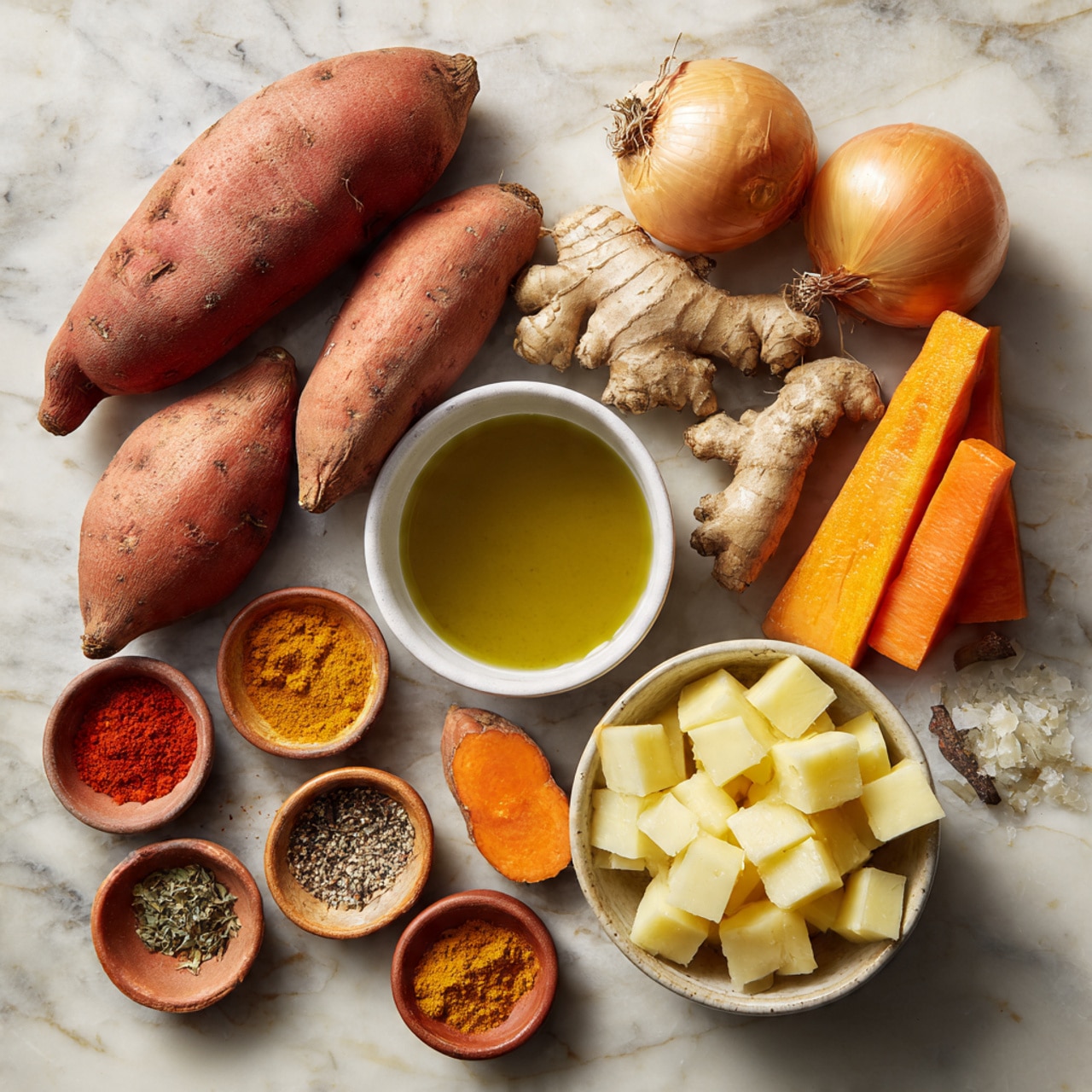 The image shows a white marble surface with six sweet potatoes, one whole onion, a piece of ginger, a small bowl of clear green broth, a small bowl of yellow oil, a white bowl filled with cubes of white and orange vegetables, likely different types of squash, three whole carrots, and four small terracotta bowls containing various spices. The colors are warm with reds, oranges, yellows, and browns, arranged neatly and separated across the surface with good lighting highlighting the textures. Photo taken with an iphone --ar 4:5 --v 7
