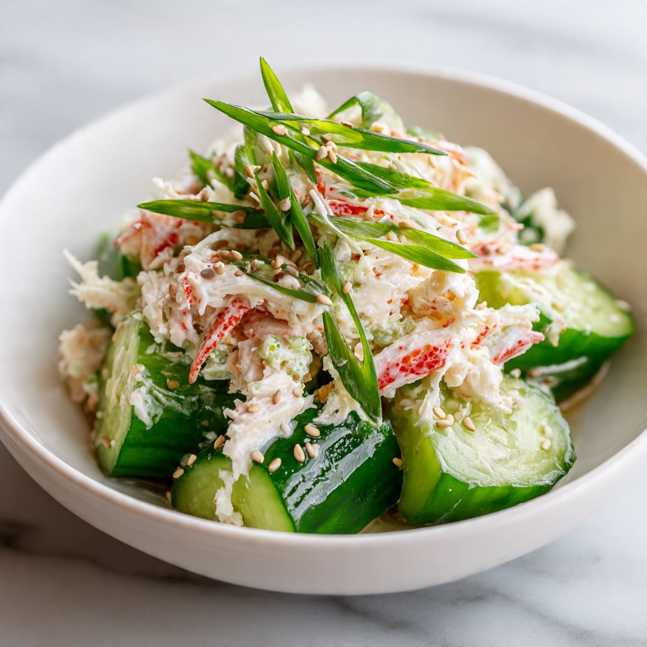 A white bowl filled with a salad showing three main layers. The bottom layer is made of large green cucumber chunks with a smooth, shiny texture. On top of this is a creamy white mixture with visible shreds of red and white crab meat, giving a soft and slightly chunky texture. The salad is topped with thin, long slices of bright green scallions scattered evenly across the top, along with small beige sesame seeds sprinkled over everything. The bowl sits on a white marbled surface. Photo taken with an iphone --ar 4:5 --v 7