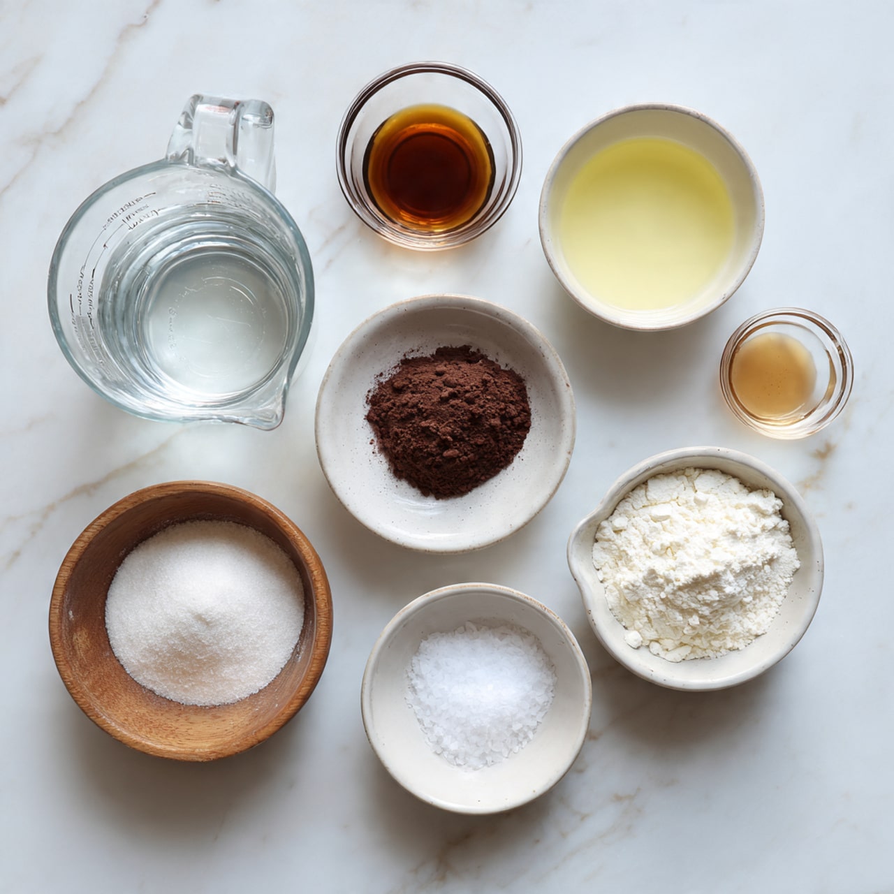 A top view of several small dishes and a measuring cup arranged on a white marbled surface, including a clear glass measuring cup filled with water at the bottom left; a small white bowl with a white powder (flour) at the bottom right; a small white bowl with a light yellow liquid slightly above it; a white bowl with white granulated sugar at the middle left; a small white bowl with a dark brown powder (cocoa) near the middle right; a wooden bowl containing salt in the center; a small white bowl with white powder (baking soda) near the top right; a small translucent cup with a brown liquid (vanilla) near the top center; and a clear cup with a clear liquid near the top left photo taken with an iphone --ar 4:5 --v 7