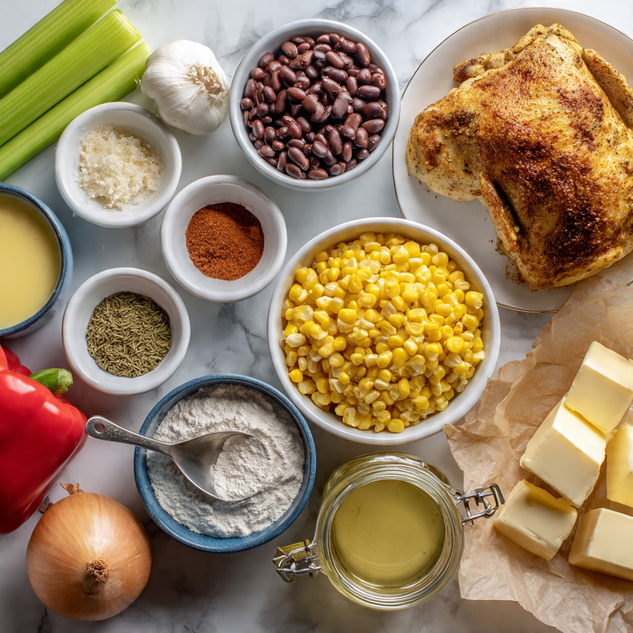 A top view of various raw ingredients laid out neatly on a white marbled surface. In the center is a cooked, seasoned chicken piece with golden brown skin. Below it is a white bowl full of bright yellow corn kernels, surrounded by small white bowls holding spices in red and brown hues. To the left are fresh green celery stalks and a whole garlic bulb near a white bowl with creamy yellow sauce. A bright red pepper sits near a silver measuring cup filled with dark brown beans. A blue bowl with white powdered flour and a spoon inside sits beside a glass jar filled with light yellow broth. Two whole brown onions are placed on the right side, while chunks of pale yellow butter rest on parchment paper nearby. The overall scene is colorful, full of texture, and organized with a clean, fresh look photo taken with an iphone --ar 4:5 --v 7