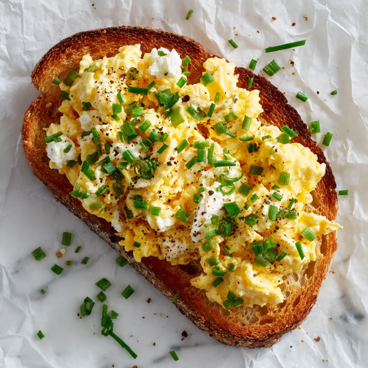 A single slice of golden-brown toasted bread rests on a white marbled surface covered with crinkled white parchment paper. On top, there is a thick layer of soft, creamy scrambled eggs mixed with white cottage cheese, creating a fluffy texture with yellow and white colors. Bright green chopped chives are scattered over the eggs, along with some small specks of black pepper. The edges of the toast have a crispy crust, and a few pieces of chives lie on the parchment around the toast. Photo taken with an iphone --ar 4:5 --v 7