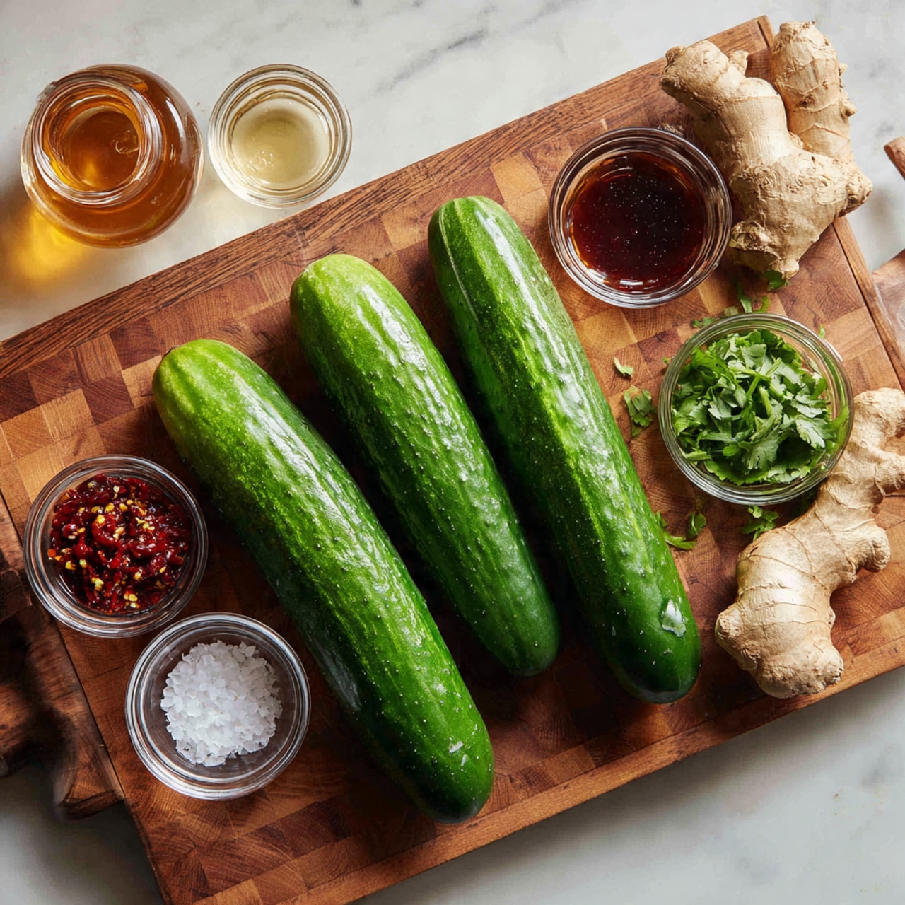 The image shows four long, fresh, green cucumbers with a shiny, bumpy skin placed on a warm-toned wooden cutting board with a checkered pattern. To the right of the cucumbers, there are six small clear glass bowls arranged neatly; one bowl contains a dark brown liquid, another has red chili paste with visible seeds and bits, one bowl has fresh green cilantro leaves, another is filled with white granulated salt, and another holds a light amber liquid. Next to the bowls on the cutting board is a piece of fresh ginger root with a rough light brown skin. The whole scene is set on a white marbled surface replacing the original background. The lighting brightens the colors and textures clearly. photo taken with an iphone --ar 4:5 --v 7