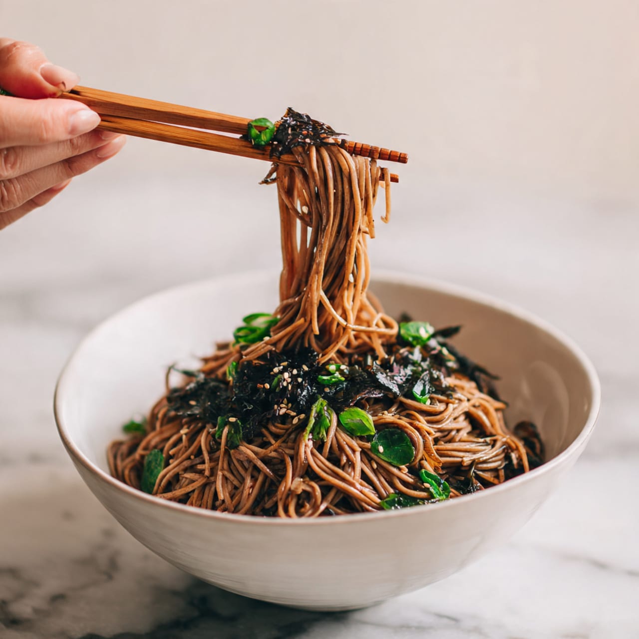 The image shows a white bowl filled with a large serving of dark brown noodles coated in sauce, with a slightly shiny texture. The noodles are tangled together in a tall pile. A woman's hand is lifting some noodles with chopsticks above the bowl, showing the strands stretching upwards. Small bits of green herbs or vegetables are mixed in lightly on top of the noodles. The bowl sits on a white marbled surface with some green onions lying nearby in the background. photo taken with an iphone --ar 4:5 --v 7