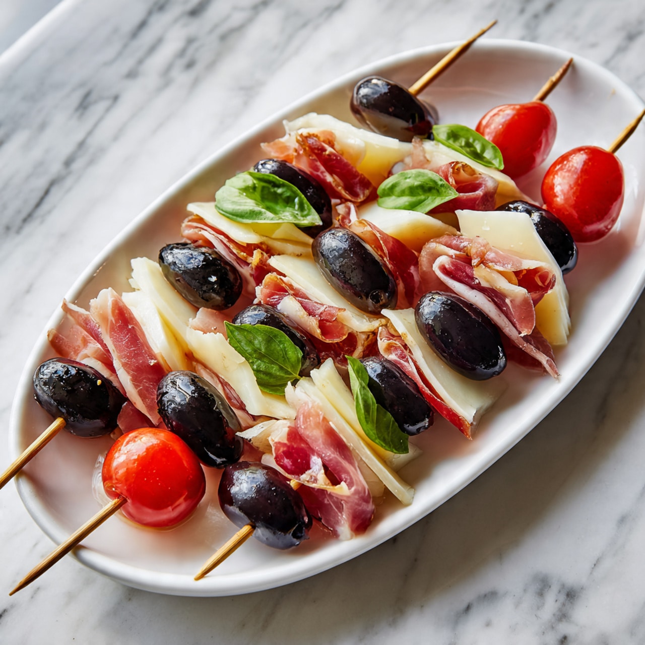 The image shows a white oval plate on a white marbled surface, holding several skewers stacked closely. Each skewer has three layers from bottom to top: a shiny black olive with smooth texture, a bright red cherry tomato with glossy skin, and folded slices of pale yellow cheese mixed with thinly sliced pinkish cured meat, folded loosely for a soft and layered look. On the skewers, small green basil leaves add a pop of color, placed in the middle cheese and meat layer. The skewers are arranged neatly in rows filling the plate. Photo taken with an iphone --ar 4:5 --v 7