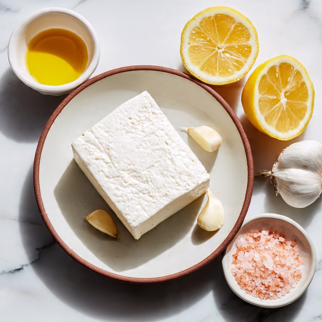 A large block of white tofu sits in the center of a white plate with a brown rim, placed on a white marbled surface. Around the plate, two lemon halves with bright yellow flesh and two small peeled garlic cloves rest directly on the marble. On the left near the top, a small white bowl contains a golden liquid, while a smaller white bowl on the lower right holds pink salt. The overall scene is bright and clean with natural lighting, giving a fresh and simple look photo taken with an iphone --ar 4:5 --v 7
