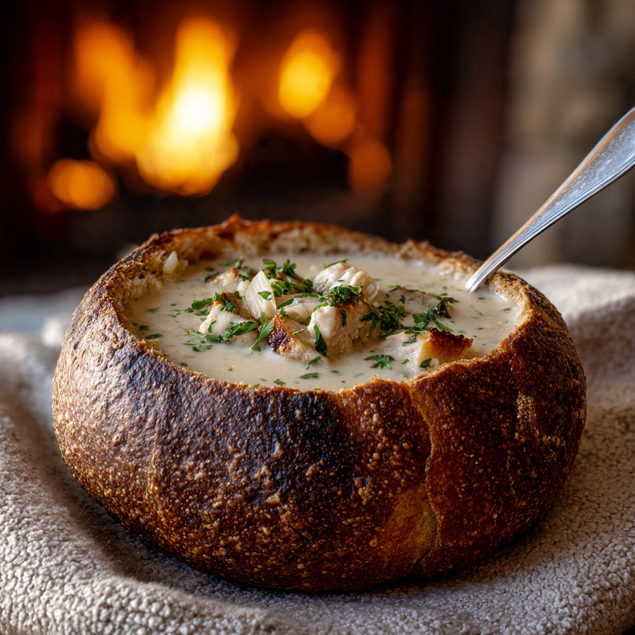 A round hollow bread bowl with a rough, dark brown crust filled with creamy soup. The soup is light beige with visible small chunks of pale meat and green garnish sprinkled on top. The bread bowl sits on a soft, knitted beige fabric with a warm fireplace glowing softly in the blurred background. A silver spoon rests inside the bread bowl on the right side. Photo taken with an iphone --ar 4:5 --v 7