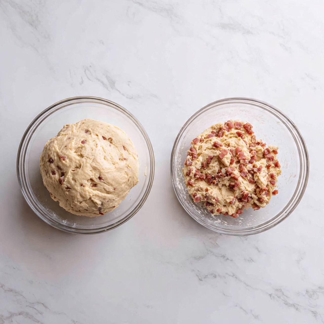 Two clear glass bowls sit side by side on a white marbled surface. The left bowl holds a smooth, pale dough with a soft, slightly sticky texture. The right bowl contains the same dough mixed with finely chopped pieces of reddish-brown meat, creating a speckled effect with the dough. Both bowls are round and transparent, showing the mixture clearly. The photo is taken with an iphone --ar 4:5 --v 7