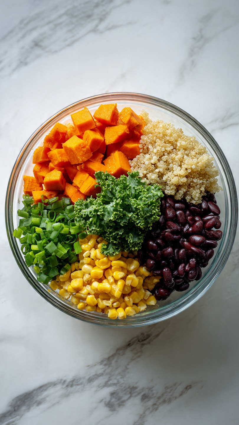 A clear glass bowl is filled with five separate sections of food arranged in a circle on a white marbled surface. Starting from the top and moving clockwise, there are bright orange diced sweet potatoes, light beige cooked quinoa, light green chopped green onions, yellow corn kernels, and shiny black beans. A small bunch of green kale leaves sits in the center, adding a fresh contrast to the vibrant colors around it. The textures vary from soft to firm, and the clean, clear bowl shows all layers clearly. Photo taken with an iphone --ar 4:5 --v 7