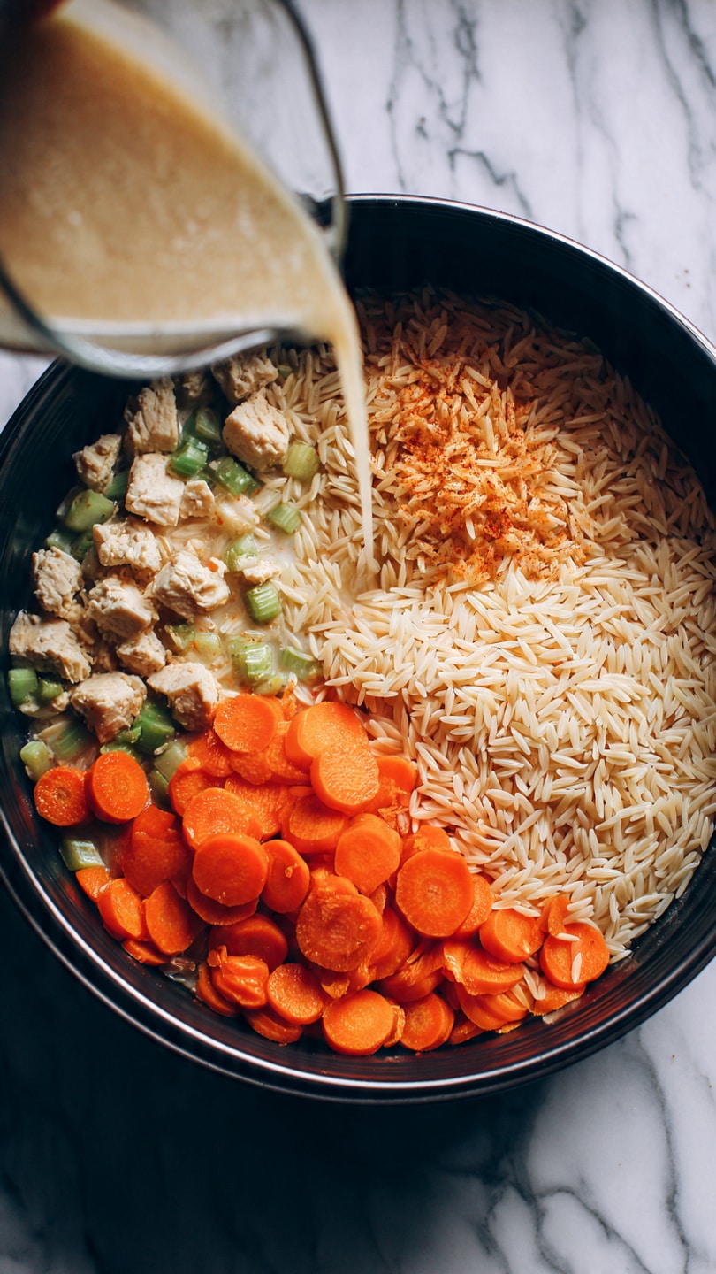 Inside a black round pan, there are three main layers: the bottom layer has bright orange carrot slices and small green vegetable pieces, the middle layer consists of small white and golden browned chicken chunks, and the top layer is a pile of light tan orzo pasta. A clear liquid broth is being poured from a glass jug over the layers on the right side. The pan is placed on a white marbled surface. Photo taken with an iphone --ar 4:5 --v 7