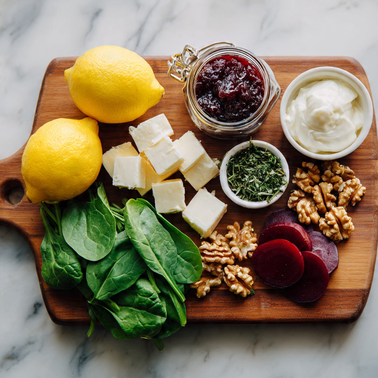 A wooden board sits on a white marbled surface with neatly arranged ingredients. There are two bright yellow lemons on the left, a small jar of green herbs, and a larger jar filled with dark red jam or sauce behind a pile of fresh green spinach leaves. Small white cubes of cheese are stacked in the center, next to a small white bowl filled with cream or yogurt, and a small pile of walnuts and almonds on the side. Deep red beetroot slices with a smooth texture are arranged in a small pile near the lemons. photo taken with an iphone --ar 4:5 --v 7