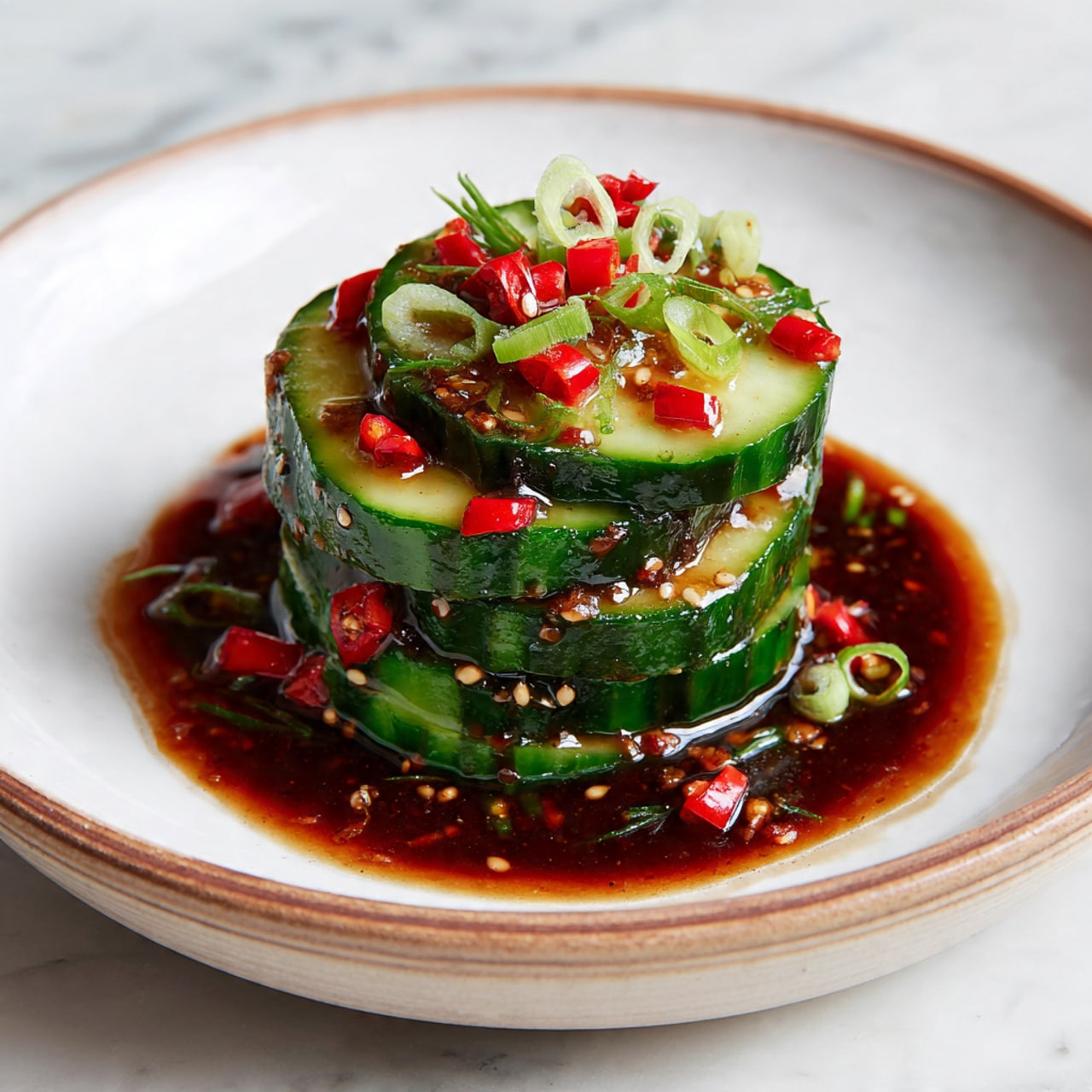 The dish shows a stack of thick cucumber slices arranged in a pyramid shape with three layers on a white plate with a light brown rim. The cucumbers are dark green on the outside and light green inside, covered in a shiny dark brown sauce that pools around the base. Small red chili slices and green onion rings are scattered on top and between the cucumber layers, adding bright red and green color contrast. The plate is placed on a white marbled surface. photo taken with an iphone --ar 4:5 --v 7