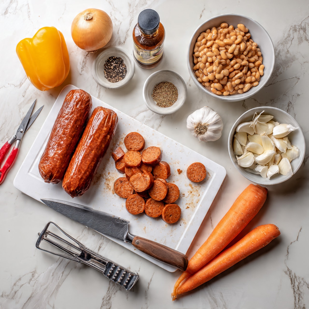 The image shows a white cutting board on a white marbled surface with two long smoked sausages at the bottom left, one partially sliced into thick round pieces that spread across the board. A large knife lies next to the sliced sausages. To the right, two whole peeled carrots and a few garlic cloves rest beside the cutting board. Above the sausages, there is a halved yellow onion and a whole green bell pepper. Next to the onion, a small bowl of ground black pepper and a bottle of Worcestershire sauce stand near red kitchen shears. A white bowl filled with mixed beige and brown beans is placed at the top right. A metal garlic press is seen at the bottom left corner. photo taken with an iphone --ar 4:5 --v 7
