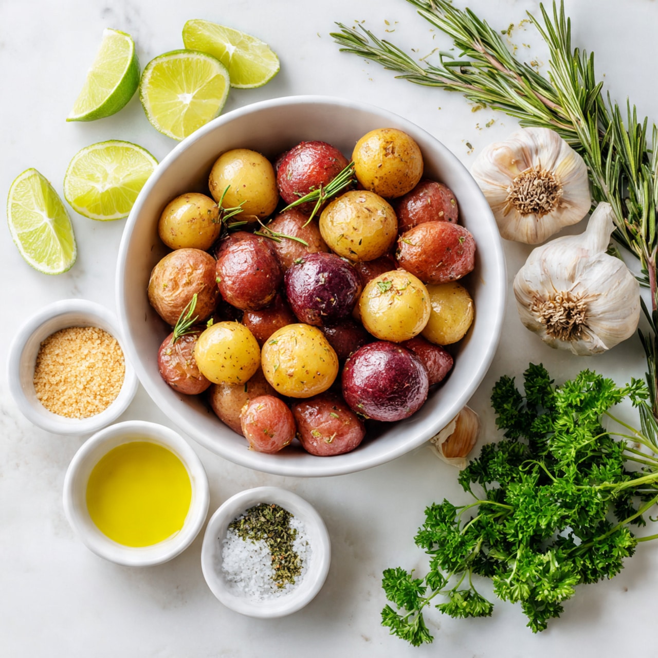 A white bowl filled with small red and light brown potatoes, sitting on a white marbled surface. Around the bowl are lime wedges on the left side, a small white dish of grainy mustard, a rosemary sprig, a garlic bulb, a small white bowl with olive oil, another small white dish with coarse salt, a tiny white dish with green herb seasoning, and some fresh green parsley towards the bottom right. The scene is bright and well-lit, with everything arranged neatly and naturally. Photo taken with an iphone --ar 4:5 --v 7