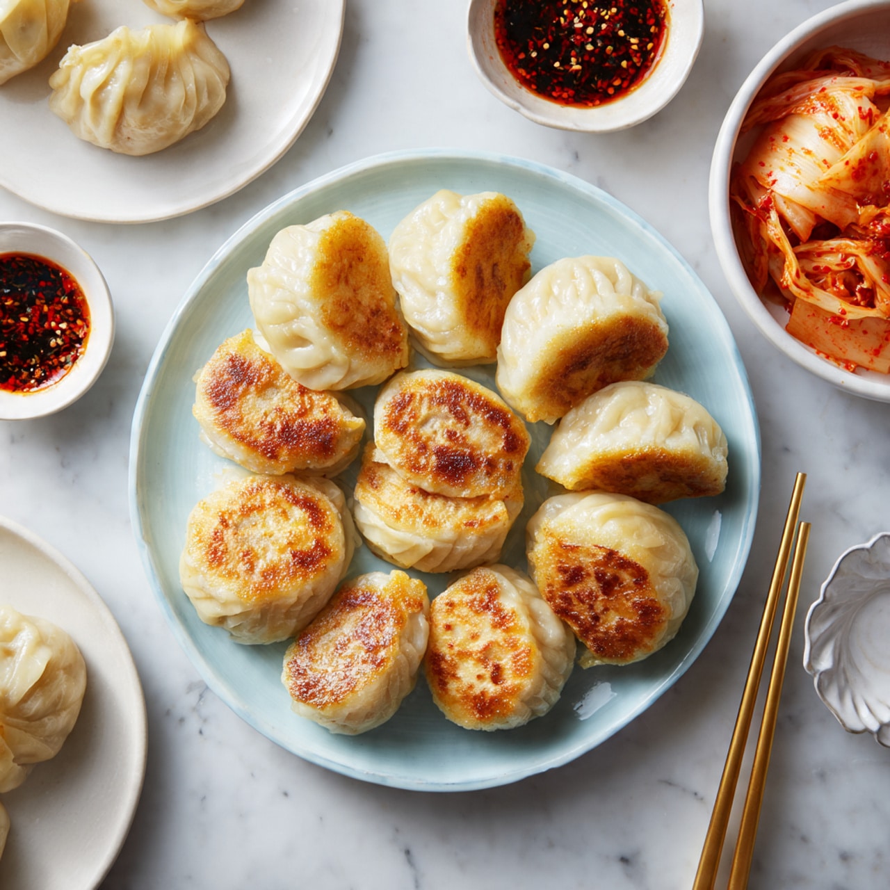 A light blue plate in the center holds eleven dumplings arranged in a circular pattern, each dumpling showing a golden-brown crispy bottom with smooth, pale dough tops that are folded into neat pleats. Around the main plate are several smaller white plates with a few dumplings on each, their dough looking soft and slightly translucent. To the upper right, a white bowl is filled with bright orange-red kimchi, its shiny, wet cabbage pieces layered loosely. Near the top middle is a small white bowl of dark dipping sauce with red chili flakes floating in it. At the bottom right, a white scalloped plate holds a pair of golden chopsticks resting on it. The whole setting is placed on a white marbled surface. Photo taken with an iphone --ar 4:5 --v 7