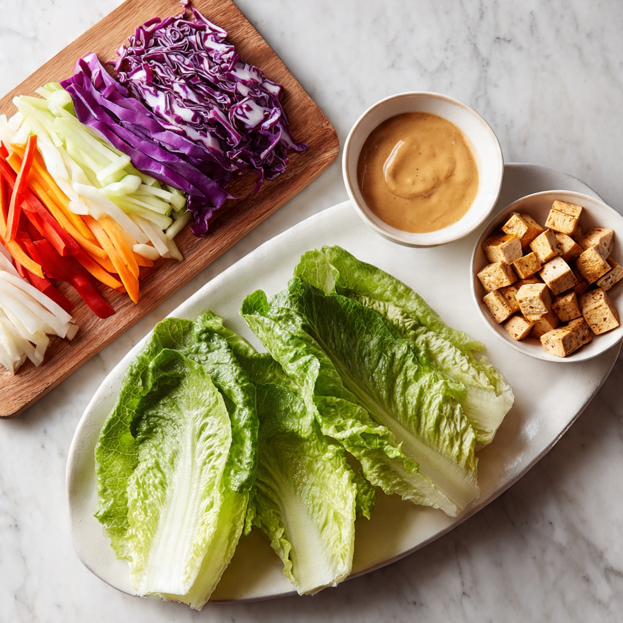 The image shows a white plate with three large green lettuce leaves spread out flat. To the right of the plate, there are two small white bowls, one filled with small golden brown cubes of cooked tofu and the other with a smooth, light brown sauce. At the top left corner, a wooden cutting board holds four piles of thinly sliced vegetables: pale white strips, bright orange strips, red strips, and purple cabbage strips. The background is a white marbled surface. Photo taken with an iphone --ar 4:5 --v 7