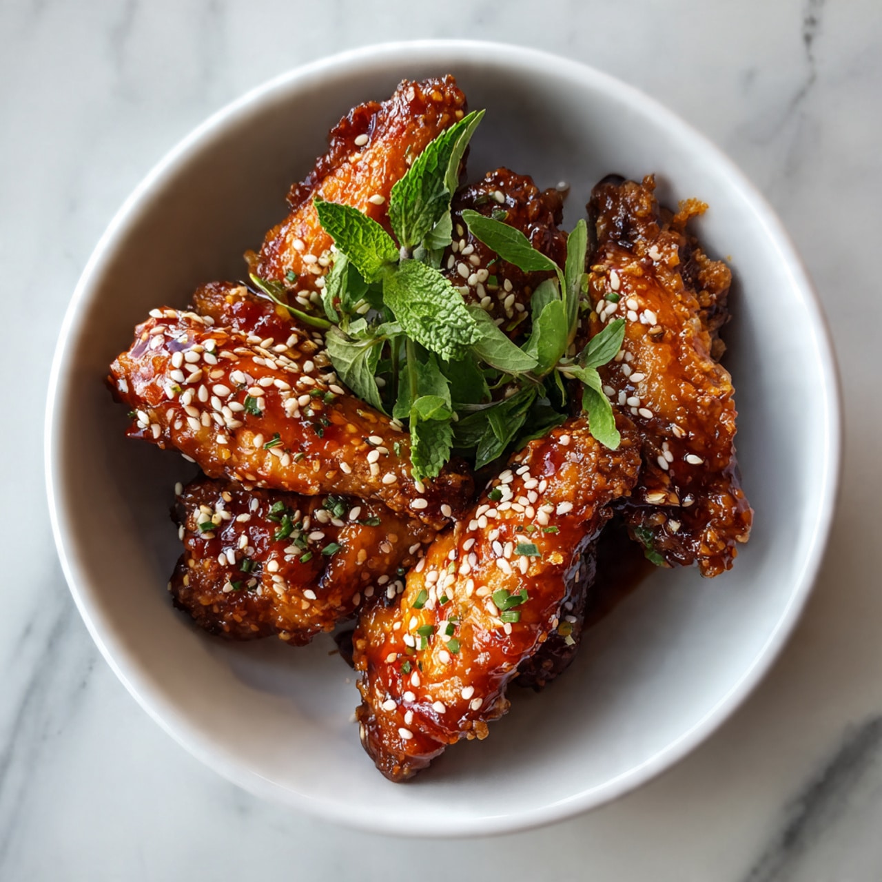 A white bowl holds seven pieces of crispy chicken wings covered with a shiny, sticky reddish-brown sauce and sprinkled with white sesame seeds. On one side inside the bowl, there is a small bunch of fresh green herbs adding a bright contrast. The bowl sits on a white marbled surface. Photo taken with an iphone --ar 4:5 --v 7