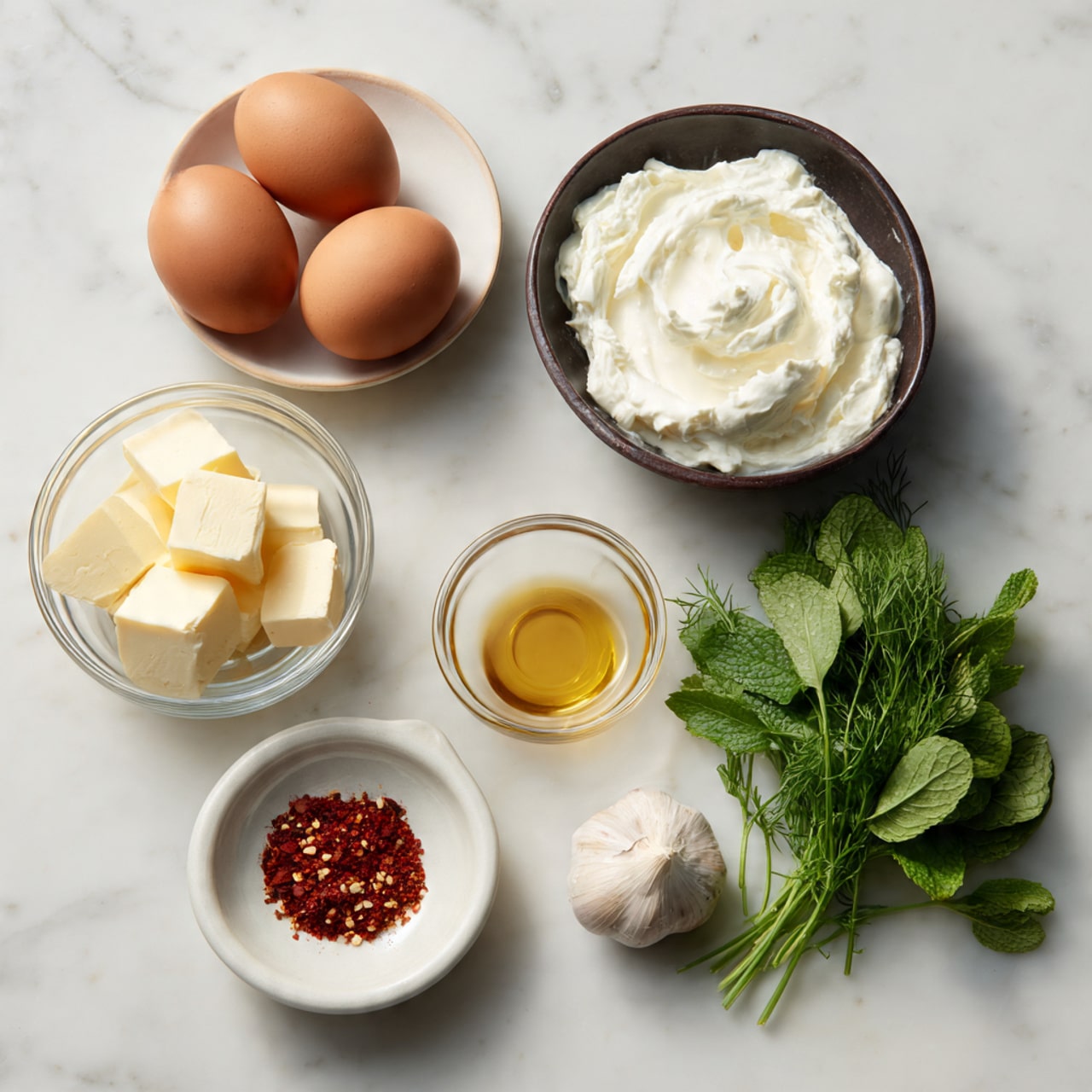 The image shows seven small bowls arranged on a white marbled surface with various ingredients. On the top right is a dark bowl filled with thick white yogurt. To its left, a clear round bowl holds two brown eggs. Below the eggs is another clear bowl with pale yellow butter pieces. At the center bottom is a small white bowl with red chili powder and flakes. Above the chili bowl is a small white dish containing light brown liquid, likely vinegar or oil. Near the center right, a clear bowl contains fresh green leaves and herbs, including mint and dill. Above this bowl is a single peeled garlic clove. photo taken with an iphone --ar 4:5 --v 7