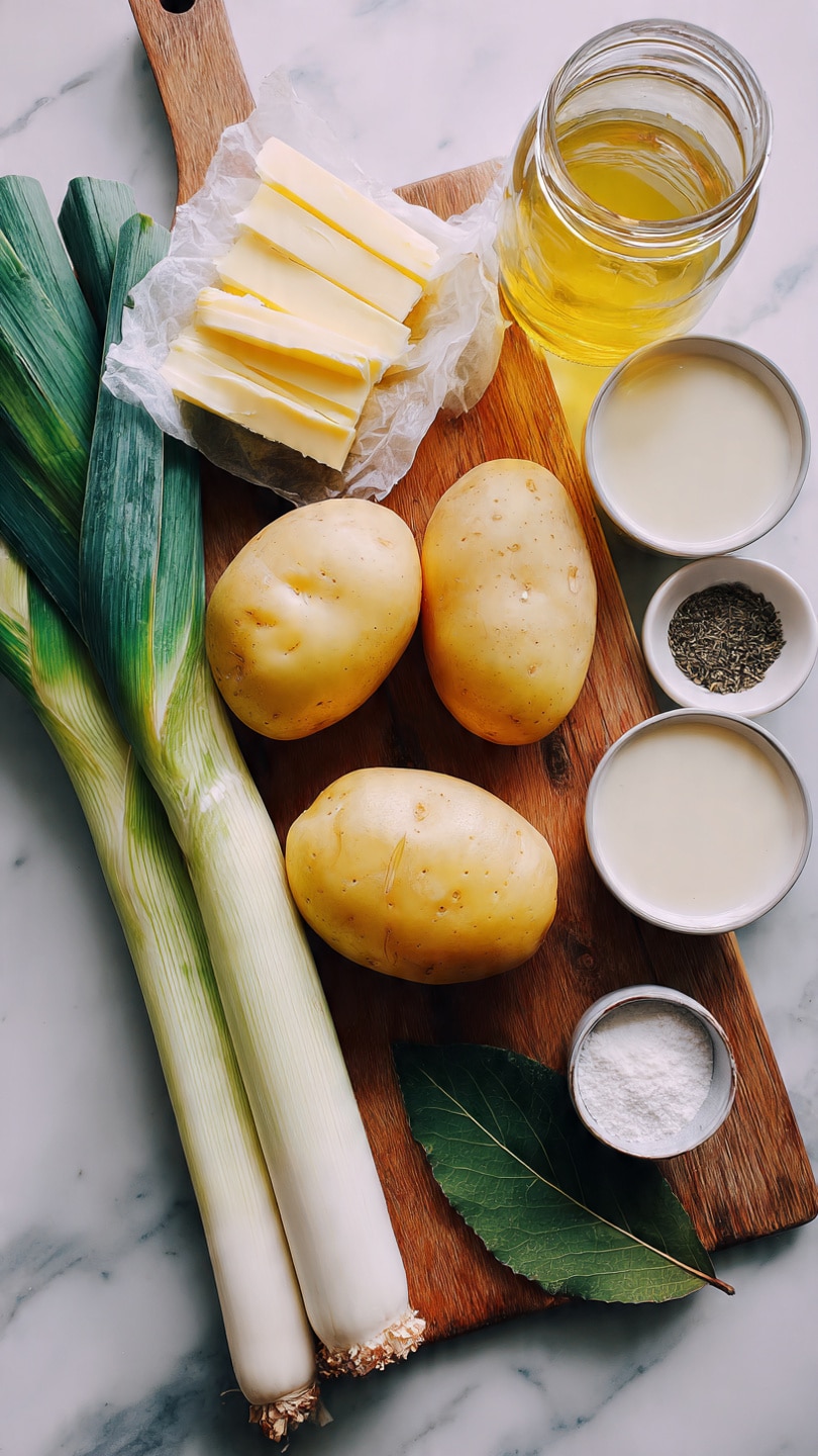 The image shows ingredients laid out on a wooden board placed on a white marbled surface. There are four yellow potatoes with smooth skins placed across the board. Two long leeks with green and white parts lie horizontally near the bottom. Next to the potatoes are several pale yellow butter slices stacked on a white wrapper. There is a clear glass jar filled with golden-yellow liquid to the upper right, next to a clear glass container filled with a light cream liquid. Small white bowls hold white powder and black pepper, and a bay leaf and some green chives are also visible on the board. photo taken with an iphone --ar 4:5 --v 7