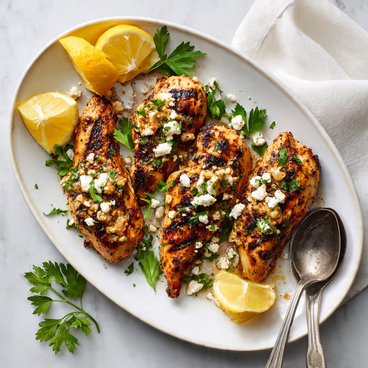 The dish shows four grilled golden-brown chicken pieces placed on a long white plate. The chicken is topped with small white cheese crumbles and bright green parsley leaves scattered evenly, adding color contrast. Around the chicken, there are three bright yellow lemon wedges, one placed at the top left, one in the middle right, and one at the bottom right edges of the plate. A silver fork and spoon rest beside the top chicken piece on the right side of the plate. The background surface features a white marbled texture with a white cloth visible near the top right corner. photo taken with an iphone --ar 4:5 --v 7