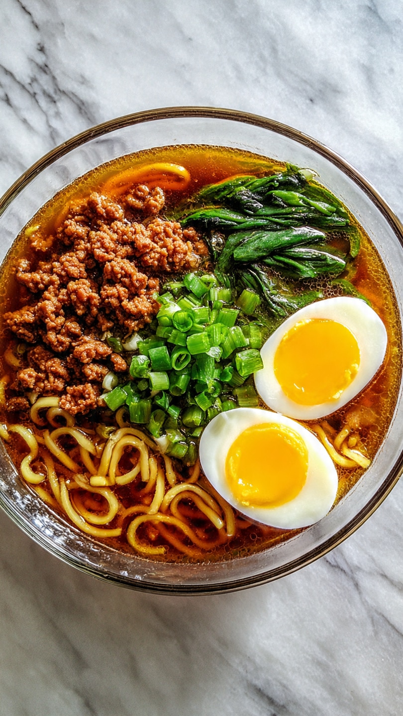 A clear glass bowl on a white marbled surface holds a rich brown soup with curly yellow noodles filling most of the inside. On the top right, two thick halves of a soft boiled egg show white firm edges and bright yellow yolks. Below the eggs, a pile of chopped green onions adds a fresh green layer. To the left of the green onions, there is a heap of cooked ground meat with a textured, slightly crumbly look. The bowl is clear and the soup looks steaming hot. Photo taken with an iphone --ar 4:5 --v 7