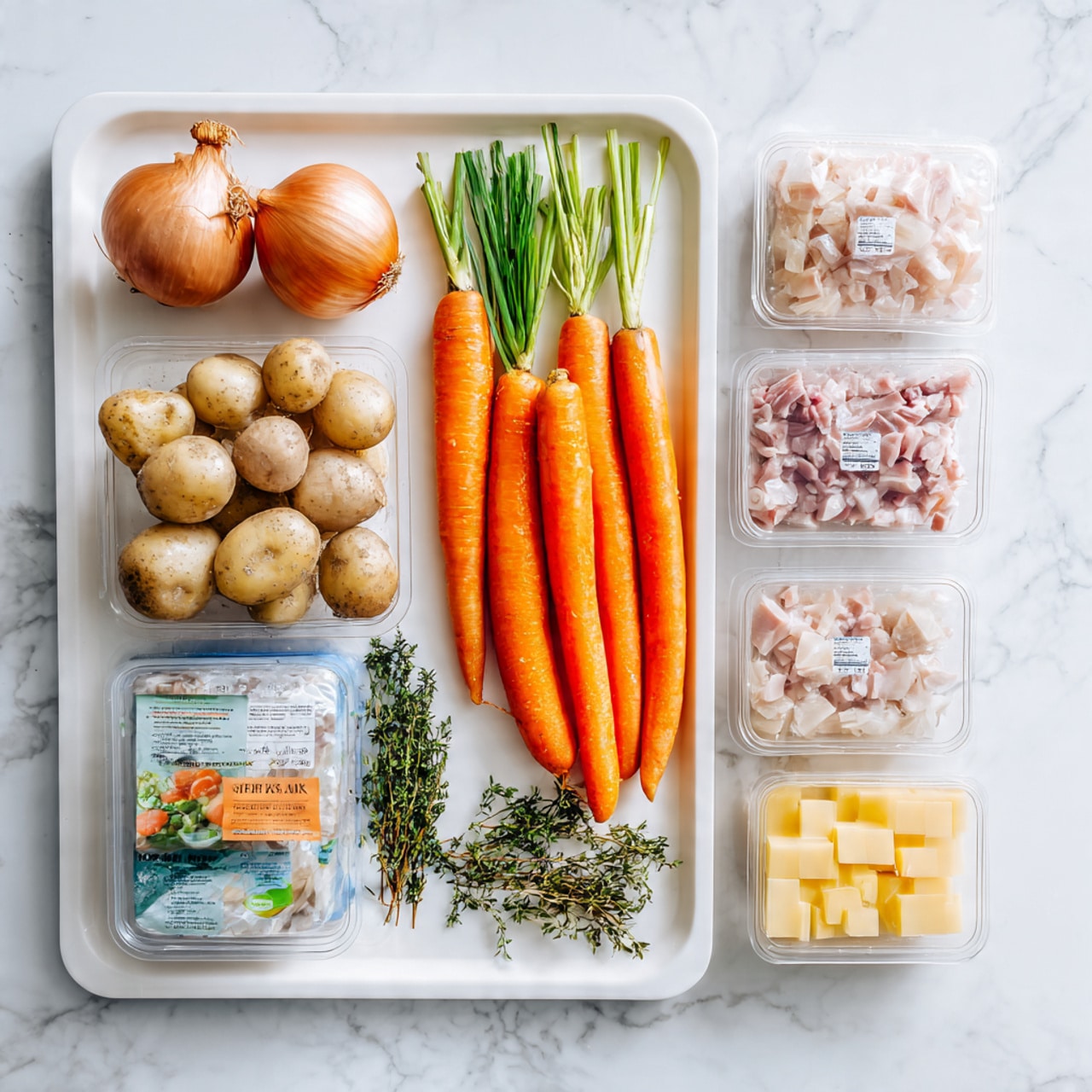 The image shows a white tray with an onion on the top left corner, brown in color with a smooth dry skin. Below it, a clear plastic pack of bright orange British carrots is placed horizontally, showing several long carrots inside. To the right of the onion and carrots are two clear plastic packs with green and orange labels, one labeled flat leaf parsley showing fresh green leaves, and the other labeled thyme with small green sprigs. Underneath these, there are two clear packs filled with small light brown miniature potatoes with a slightly rough texture. On the bottom left corner, a clear plastic pack with a blue label shows frozen fish pie mix with pale pink and white fish pieces. Next to it on the right, there are two small clear plastic boxes containing diced smoky pink and white pancetta cubes. On the far right of the tray is a small rectangular box of yellow and orange chicken stock cubes. The background surface is a white marbled texture. photo taken with an iphone --ar 4:5 --v 7