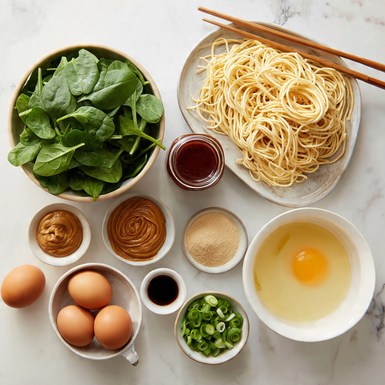 The image shows a white bowl filled with fresh green spinach leaves on the top left. To the right, there is a pile of uncooked pale yellow noodles. Below the spinach bowl is a small white bowl with brown peanut butter and to its right is a jar of dark red sauce. Below the jar is a small bowl of light brown powder and beside it is a small bowl with green chopped onions. On the bottom is a large white bowl with light yellow broth, and to its right is a white dish with a cracked raw egg. There is also a pair of brown eggs and a small bowl with dark liquid seasoning on the white marbled surface. A woman’s hand is holding chopsticks above the noodles. Photo taken with an iphone --ar 4:5 --v 7