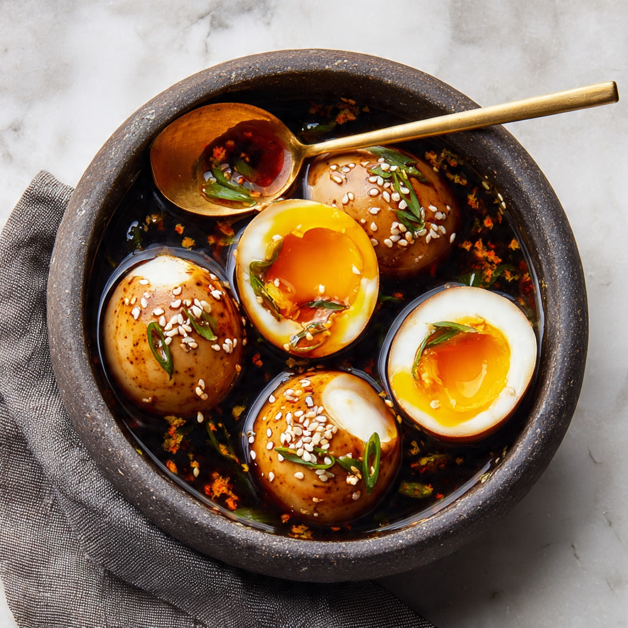 A round dark stone bowl filled with five brown eggs soaked in a dark soy sauce mixture with visible white sesame seeds and small green and orange vegetable pieces. One egg is cut open, showing a bright yellow soft yolk inside, resting on a gold spoon above the sauce. Another halved egg lies on the white marbled surface beside the bowl, revealing the yolk as well. A gray cloth napkin is placed to the left of the bowl. The colors are warm brown, black, white, green, and orange, with the bowl centered in the image. photo taken with an iphone --ar 4:5 --v 7