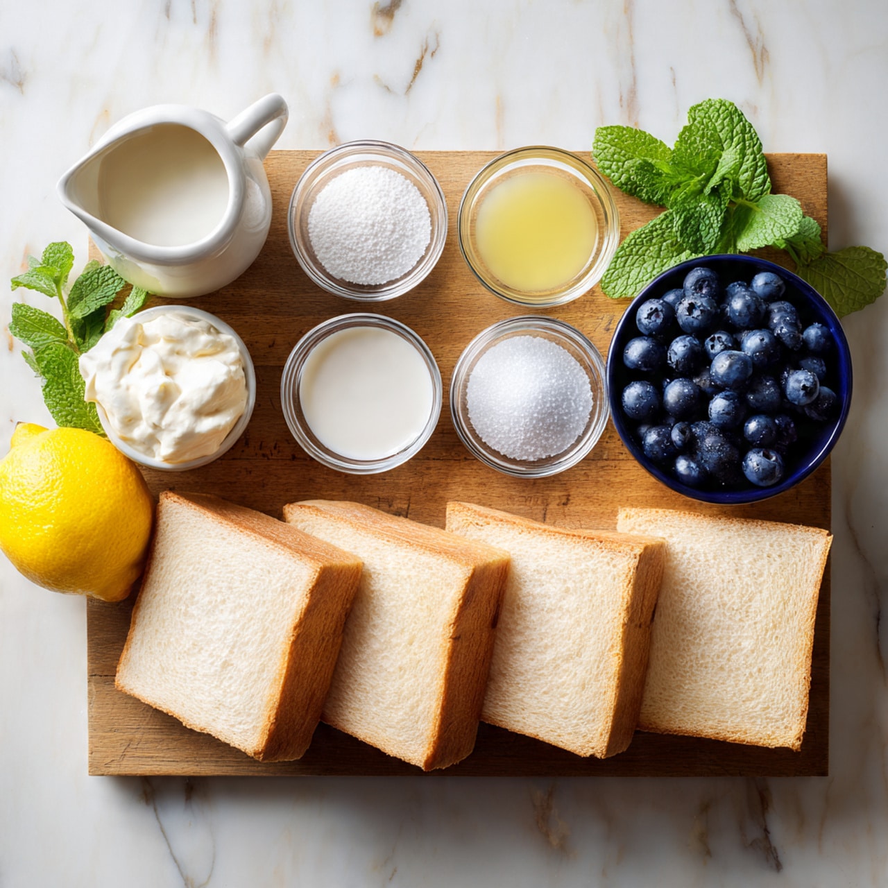 The image shows a wooden board with five slices of light brown bread arranged in a row at the bottom. Above the bread, there are small clear glass bowls arranged in a neat grid—one bowl with white cream, another with white sugar, a third with a light yellow liquid, and a fourth with coarse salt. A dark blue cup filled with fresh blueberries is placed on the right side. On the top left corner, there is a small white pitcher with cream. A fresh green sprig of mint is placed at the top right corner. A whole lemon is on the left side near the middle of the board. The surface background is a white marbled texture. photo taken with an iphone --ar 4:5 --v 7
