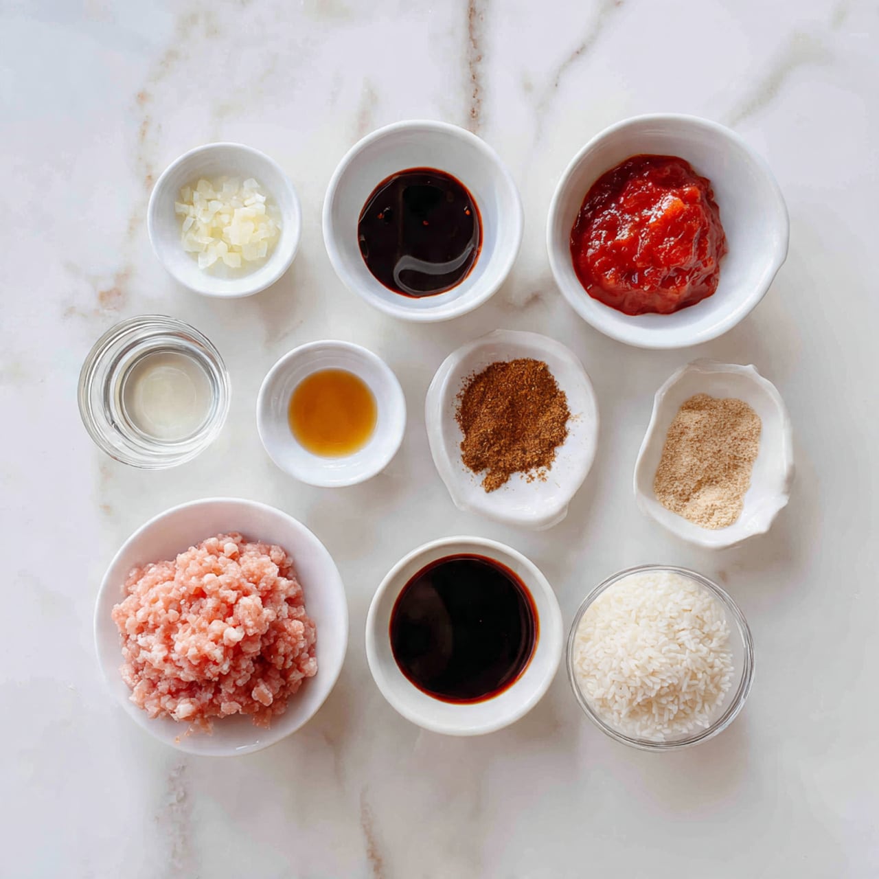 The image shows various small white bowls and a clear glass cup on a white marbled surface, each bowl holding different ingredients. There are two piles of uncooked rice on the top right. The bowls contain a bright red paste, a dark thick sauce, a dark soy sauce, minced garlic, brown sugar, and a thick brown sauce. On the bottom left, there is a mound of light pink minced meat and a small glass cup filled with a clear liquid. All items are neatly arranged in a loose circle, showing a variety of colors and textures against the clean white marbled background. Photo taken with an iphone --ar 4:5 --v 7