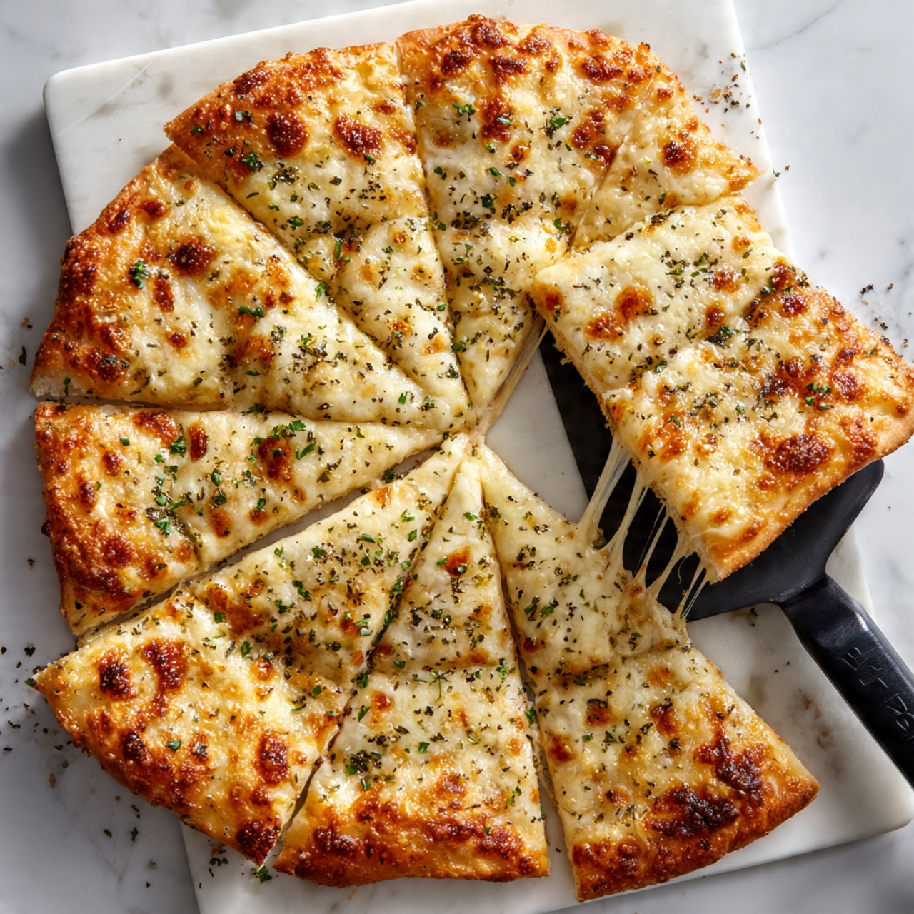 A round cheese pizza sliced into eight square pieces on a white marbled surface, with one piece being lifted by a black spatula showing melted cheese stretching between the slice and the rest of the pizza. The pizza has a golden-brown crust and is topped with melted, slightly browned cheese sprinkled with small green herbs throughout. The melted cheese layer is thick and creamy, covering the entire top of the pizza evenly. photo taken with an iphone --ar 4:5 --v 7