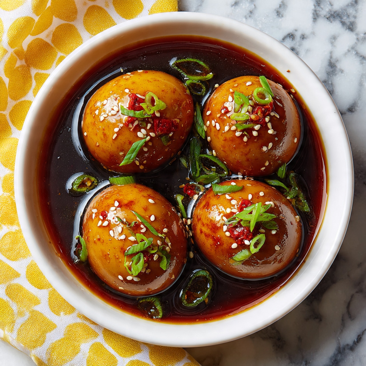 The image shows four large shiny brown eggs in a white bowl, covered with a dark soy-based sauce. The sauce is thick and filled with small round white sesame seeds, thin ring slices of green onions, and small red chili pieces scattered on top. The eggs sit close together in the sauce, reflecting light with a smooth, glossy surface. The bowl rests on a white marbled texture surface, with a yellow and white polka dot cloth nearby. photo taken with an iphone --ar 4:5 --v 7